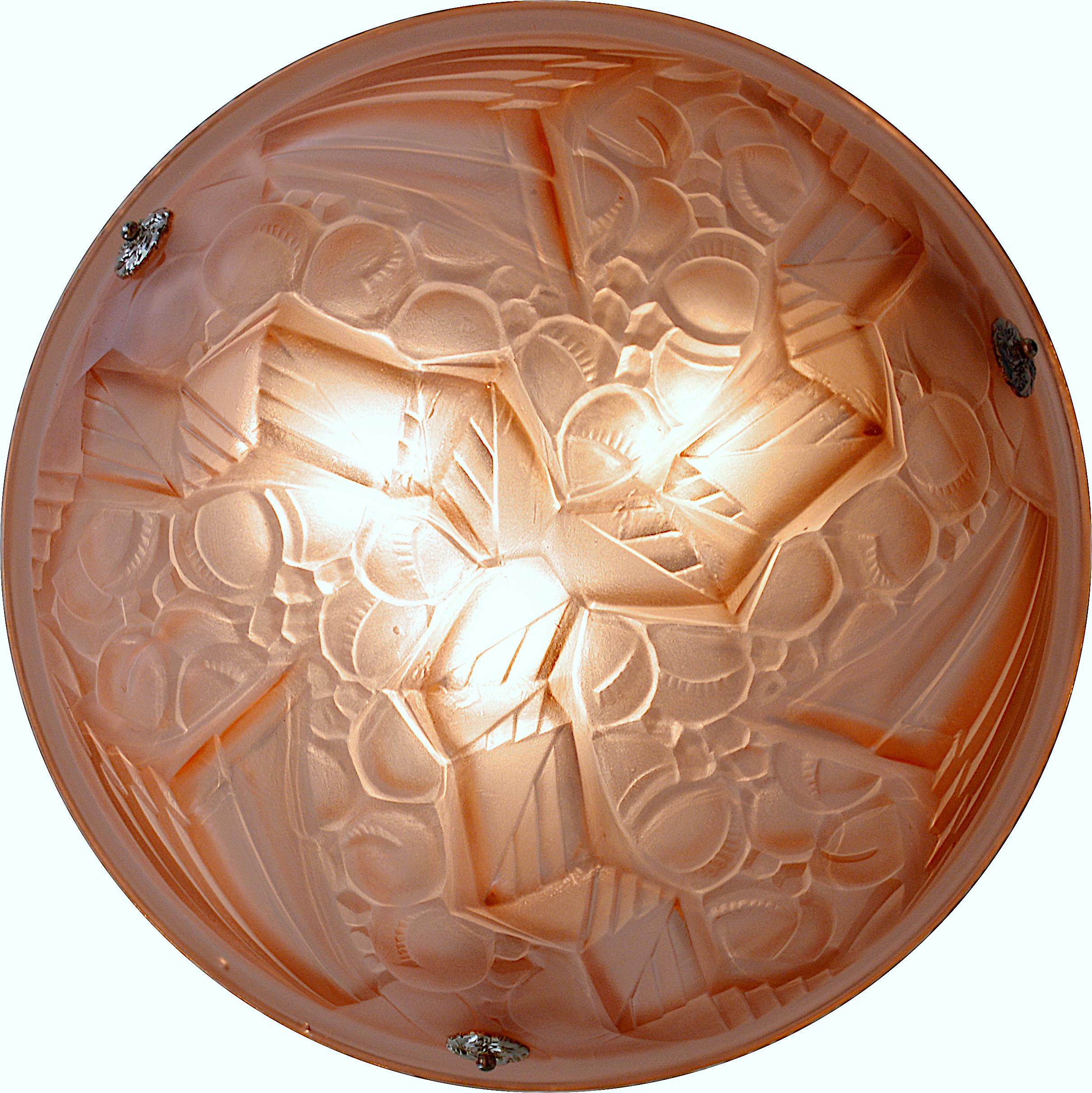 Frosted Henry Mouynet Rare Art Deco Pink Pendant Chandelier, 1920 For Sale