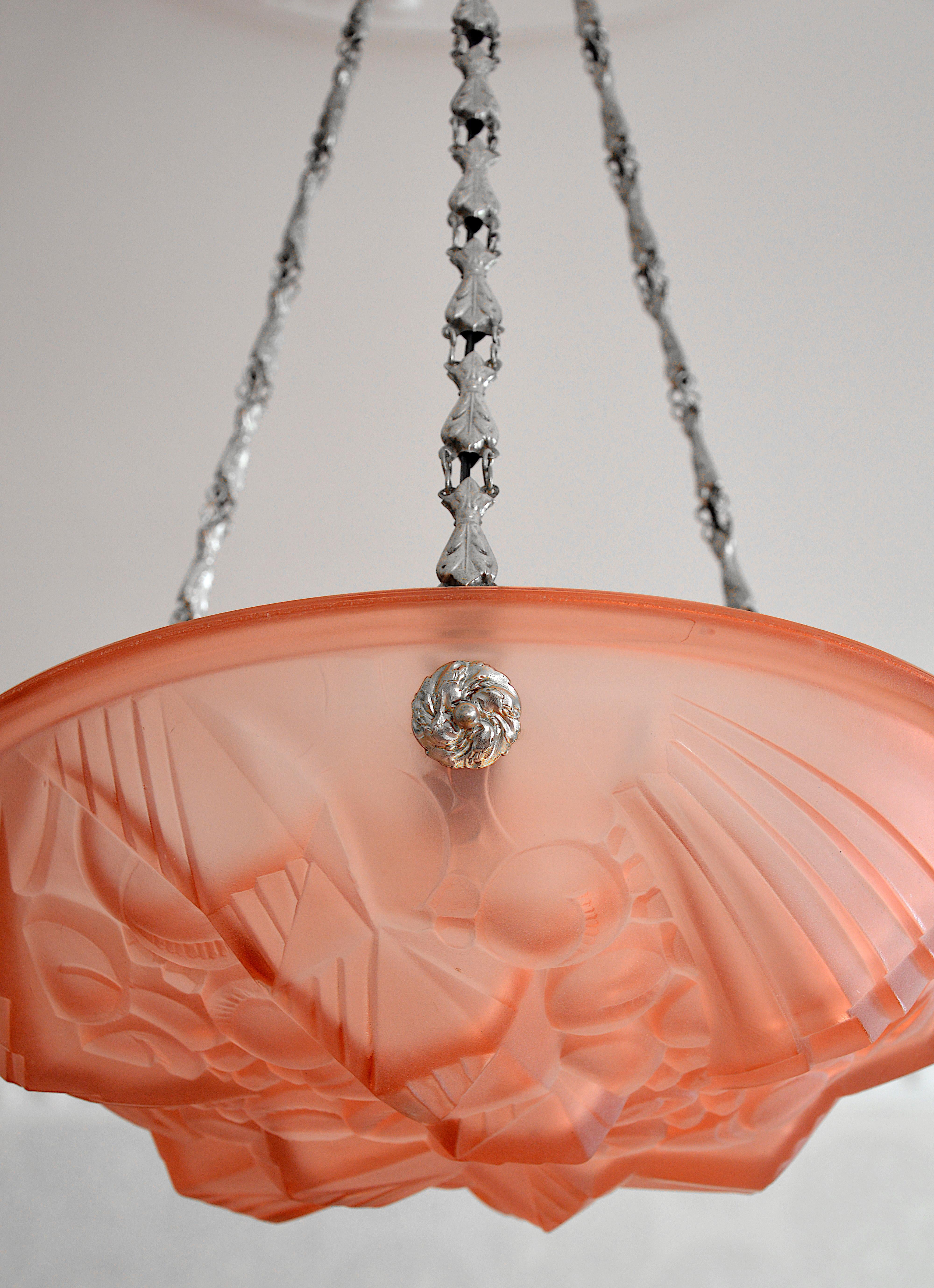 Early 20th Century Henry Mouynet Rare Art Deco Pink Pendant Chandelier, 1920 For Sale