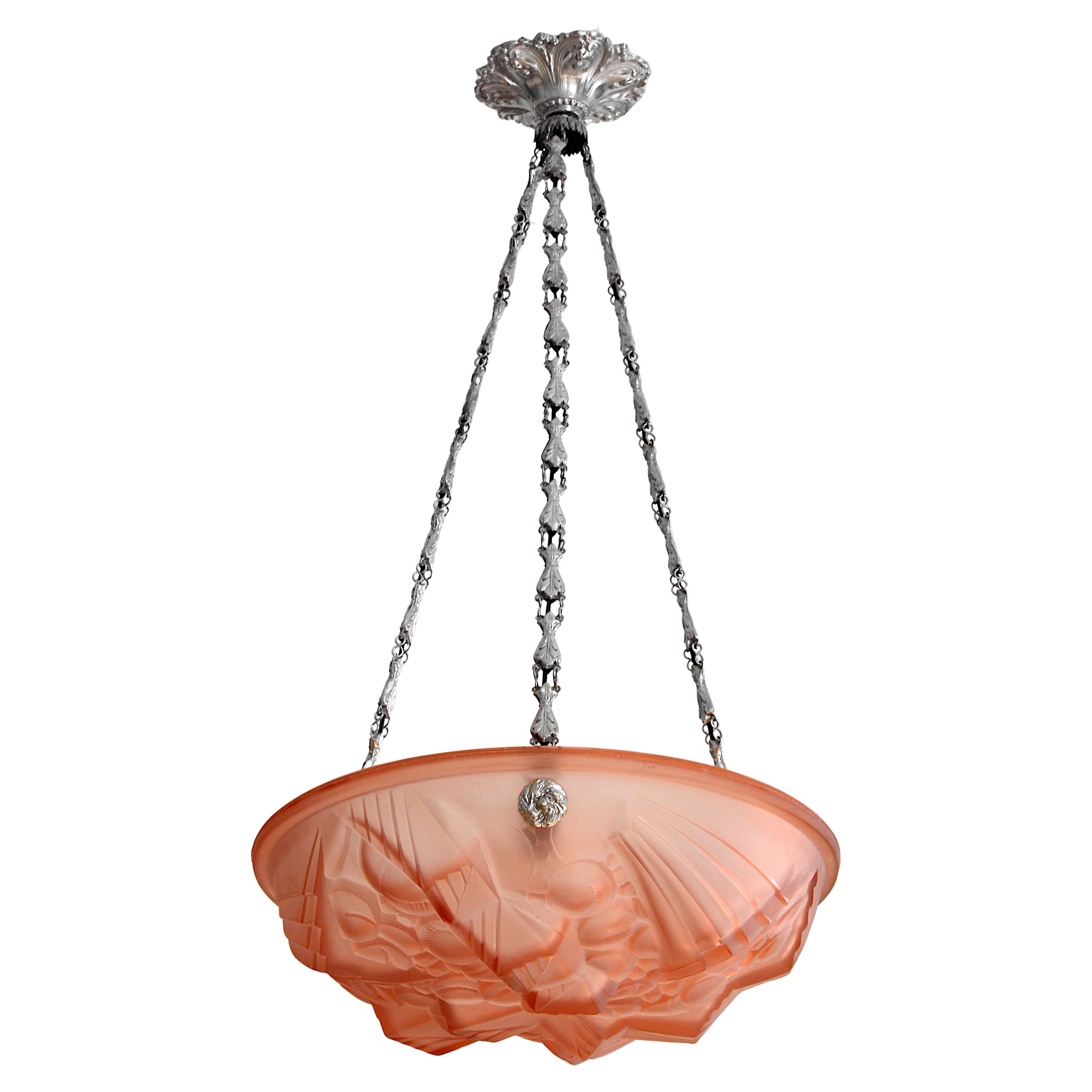 Henry Mouynet Rare Art Deco Pink Pendant Chandelier, 1920
