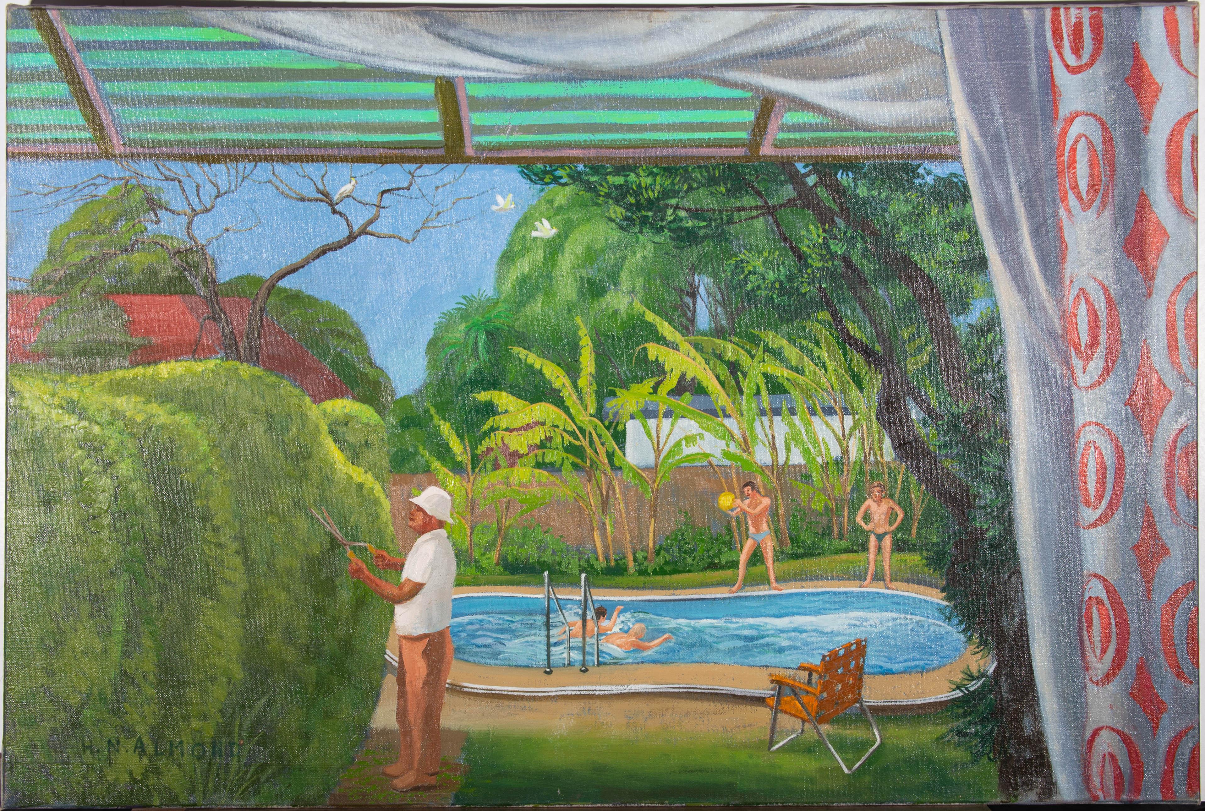 A vibrant oil painting by the artist Henry N. Almond, depicting a pool scene. Signed to the lower left-hand corner. On canvas on stretchers.




