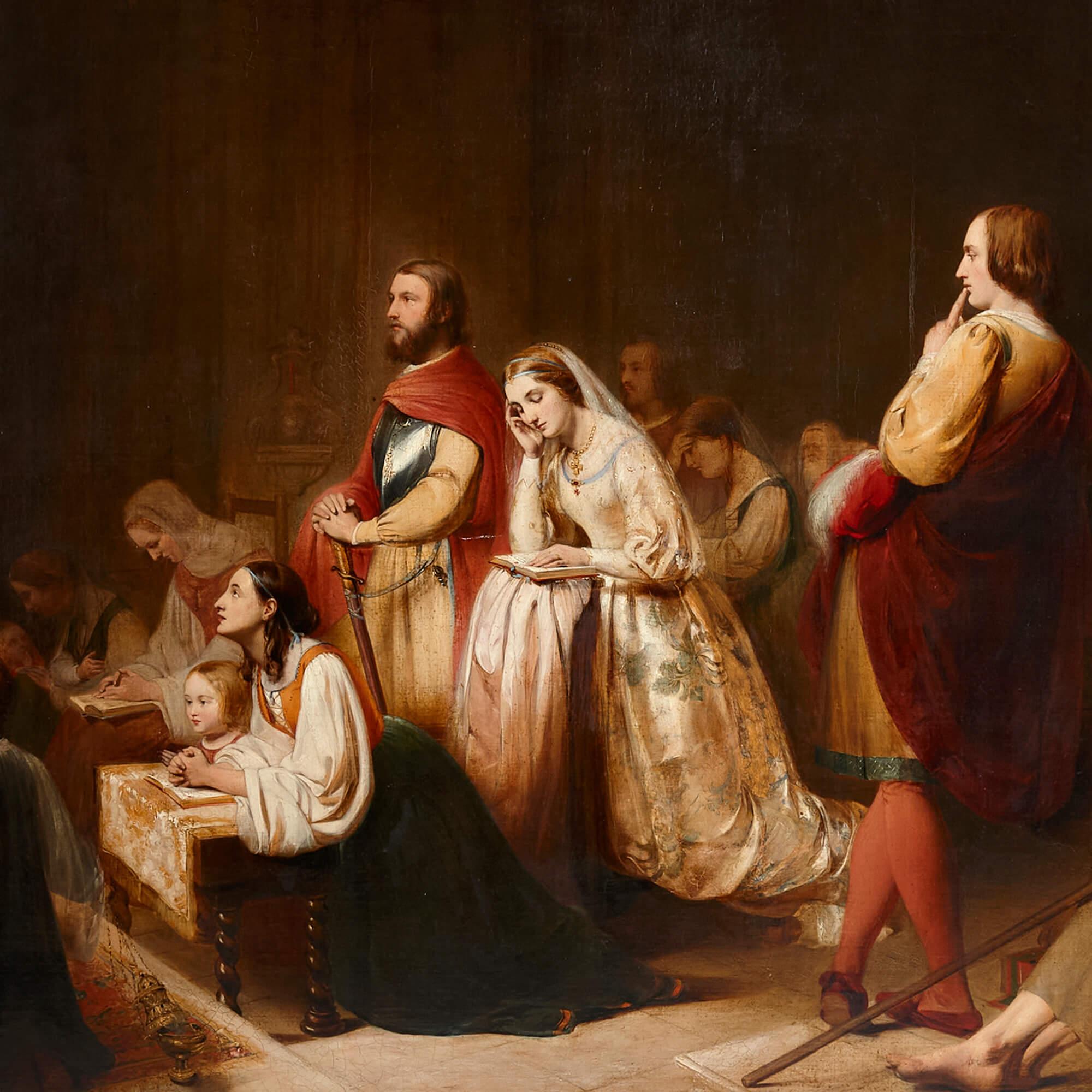 ‘Petrarch’s First Sight of Laura’ early 19th century oil painting by Henry Nelson O’Neil
British, c. 1840
Canvas: Height 129cm, width 176cm
Frame: Height 165cm, width 207cm, depth 12cm

Painted by a renowned Victorian artist, Henry Nelson O’Neil
