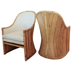 Henry Olko Bamboo Chairs with Cream Belgian Linen Upholstery - 2 Pair Available