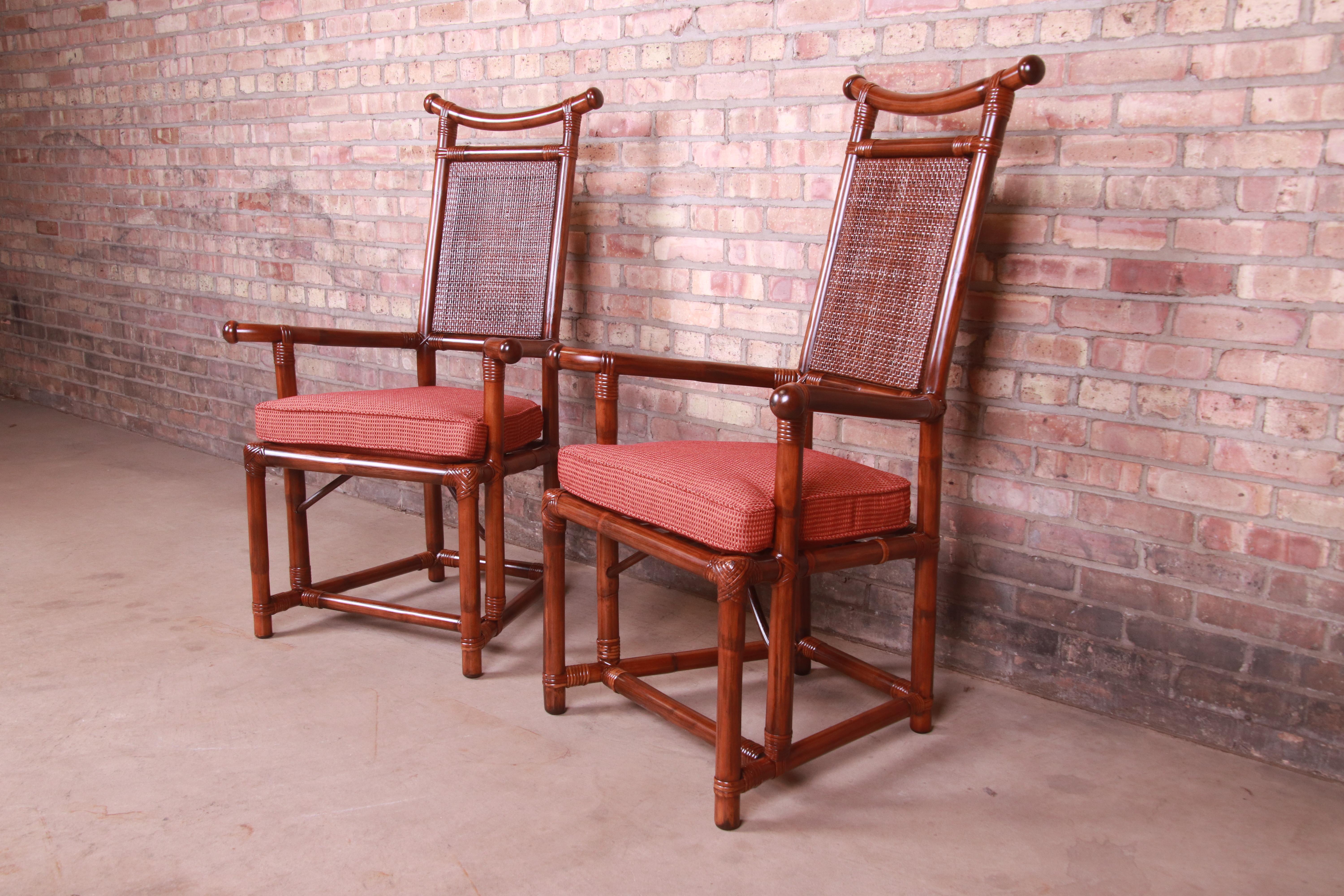 An exceptional pair of mid-century Hollywood Regency Chinoiserie high back throne chairs or lounge chairs

By Henry Olko for Willow and Reed, 