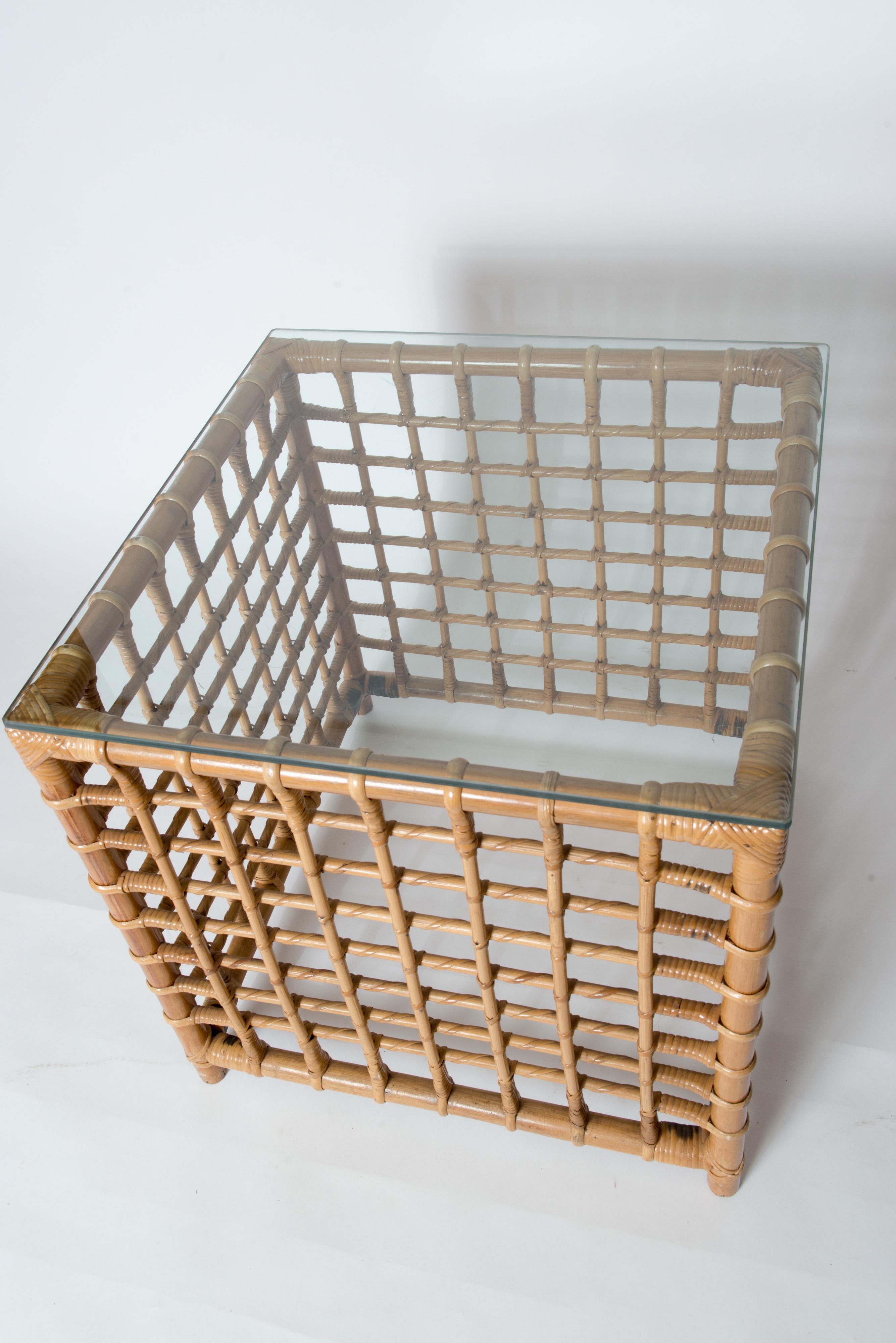 Henry Olko Mid-Century Modern Square Series Rattan Side Table In Good Condition For Sale In Stamford, CT