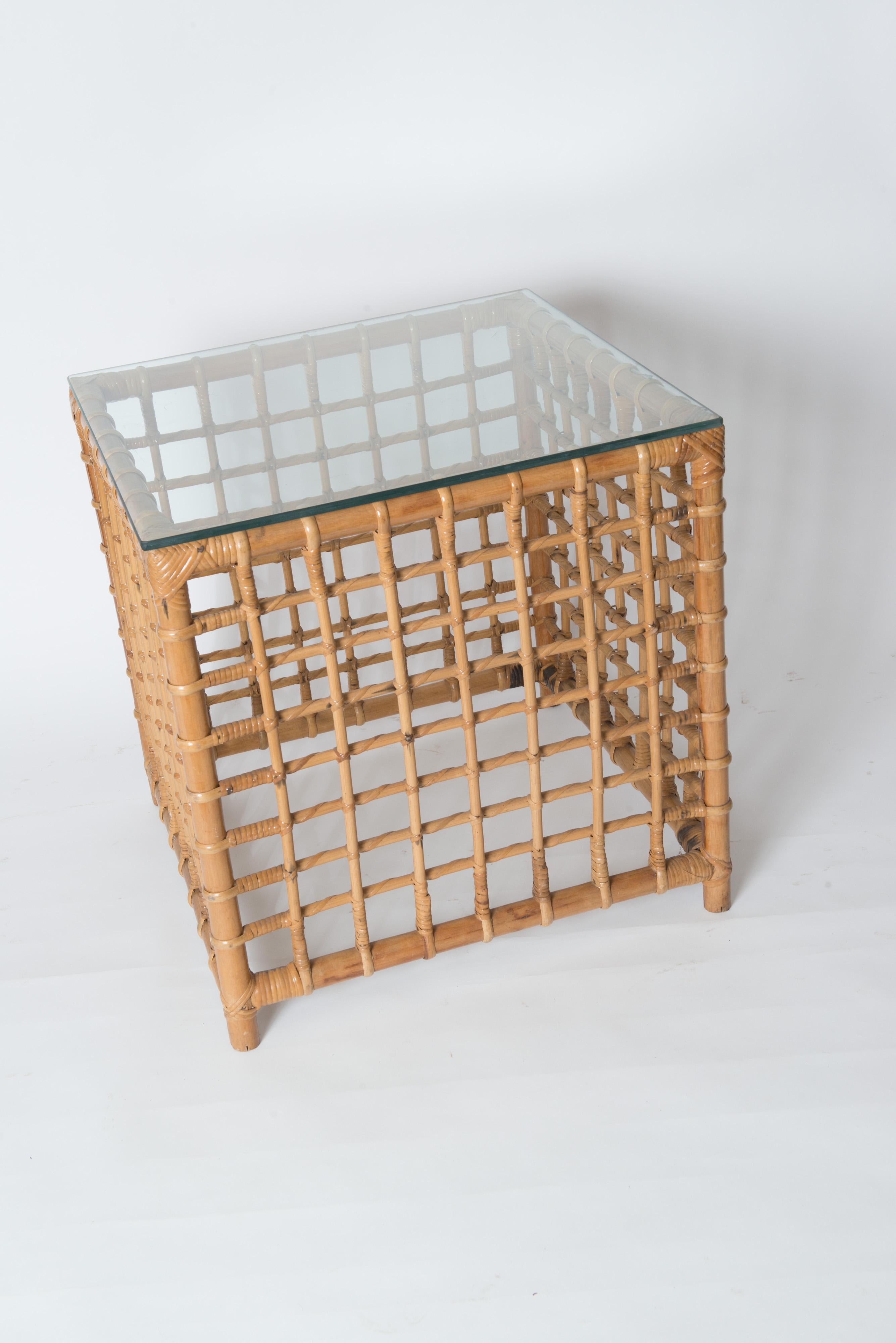 Late 20th Century Henry Olko Mid-Century Modern Square Series Rattan Side Table For Sale