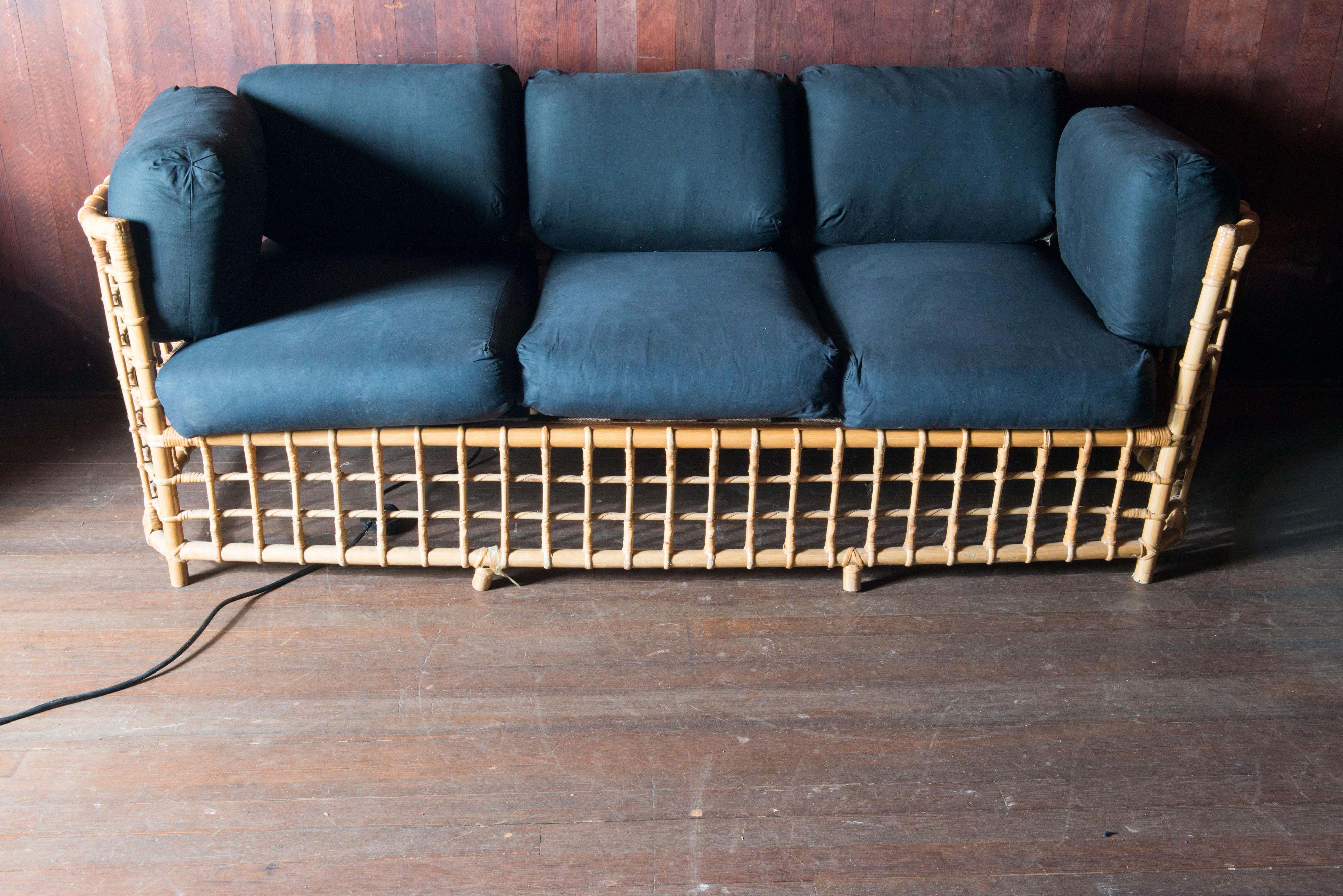 American Henry Olko Mid Century Modern Square Series Rattan Sofa For Sale