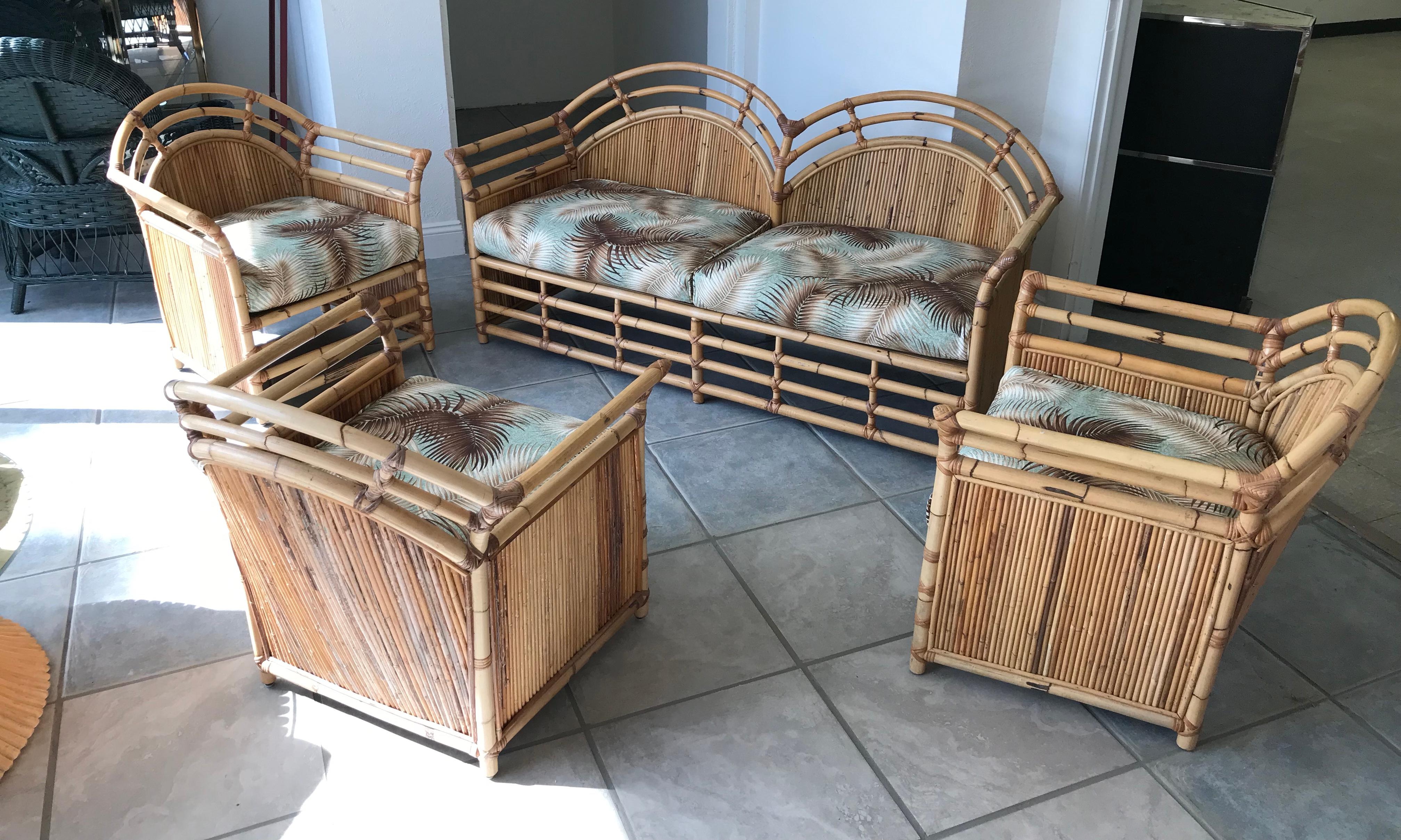 Mid-Century Modern Henry Olko Inspired Midcentury Bamboo and Rattan Loveseat with 3 Club Chairs