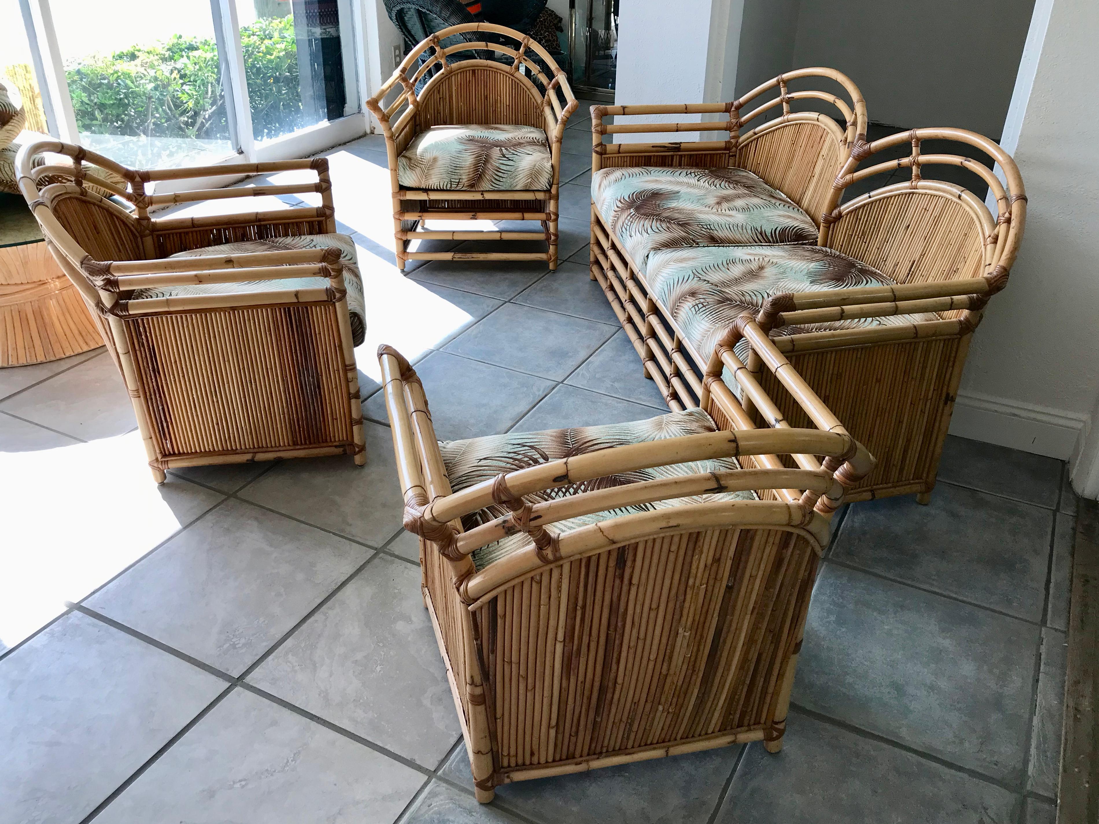 American Henry Olko Inspired Midcentury Bamboo and Rattan Loveseat with 3 Club Chairs