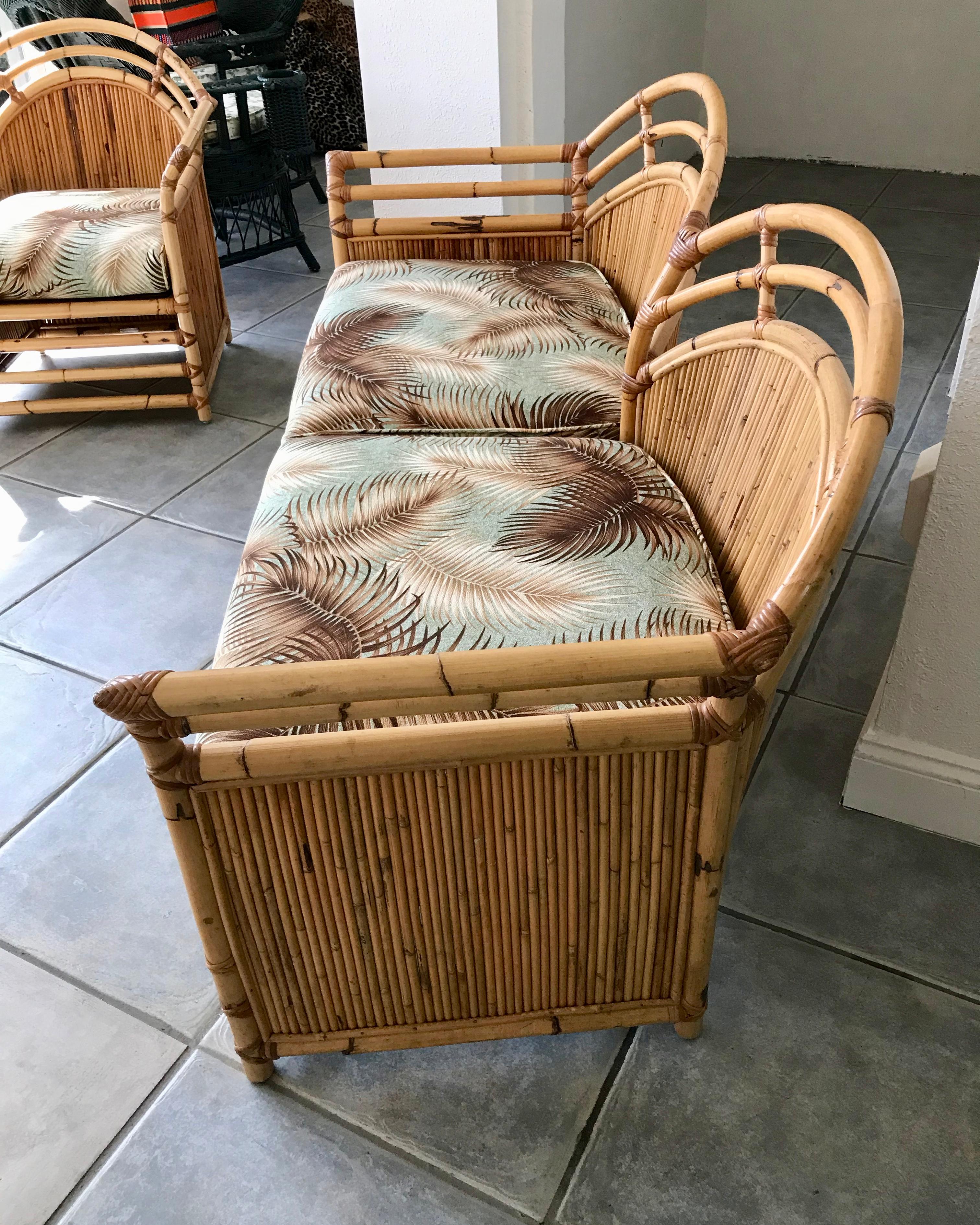 Textile Henry Olko Inspired Midcentury Bamboo and Rattan Loveseat with 3 Club Chairs