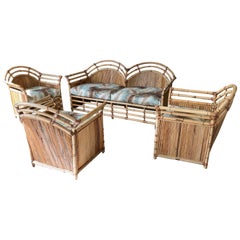 Henry Olko Inspired Midcentury Bamboo and Rattan Loveseat with 3 Club Chairs