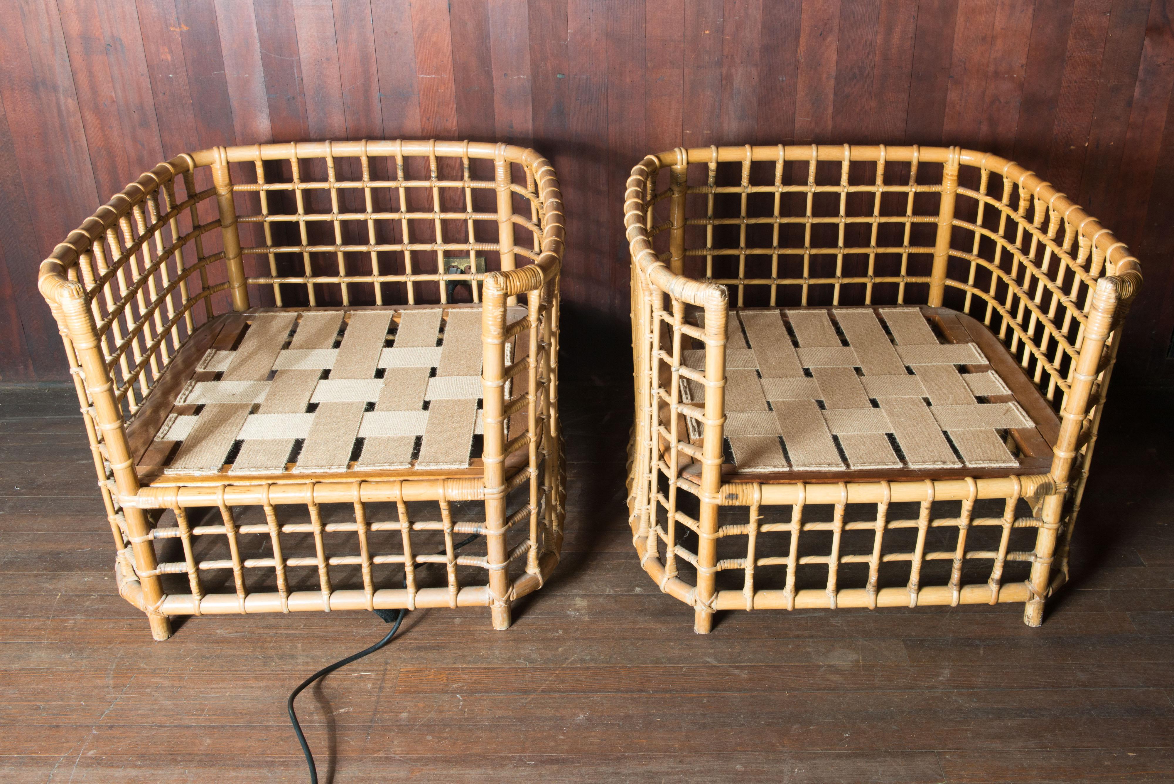 Henry Olko Pair of Mid-Century Modern Square Series Rattan Armchairs For Sale 3