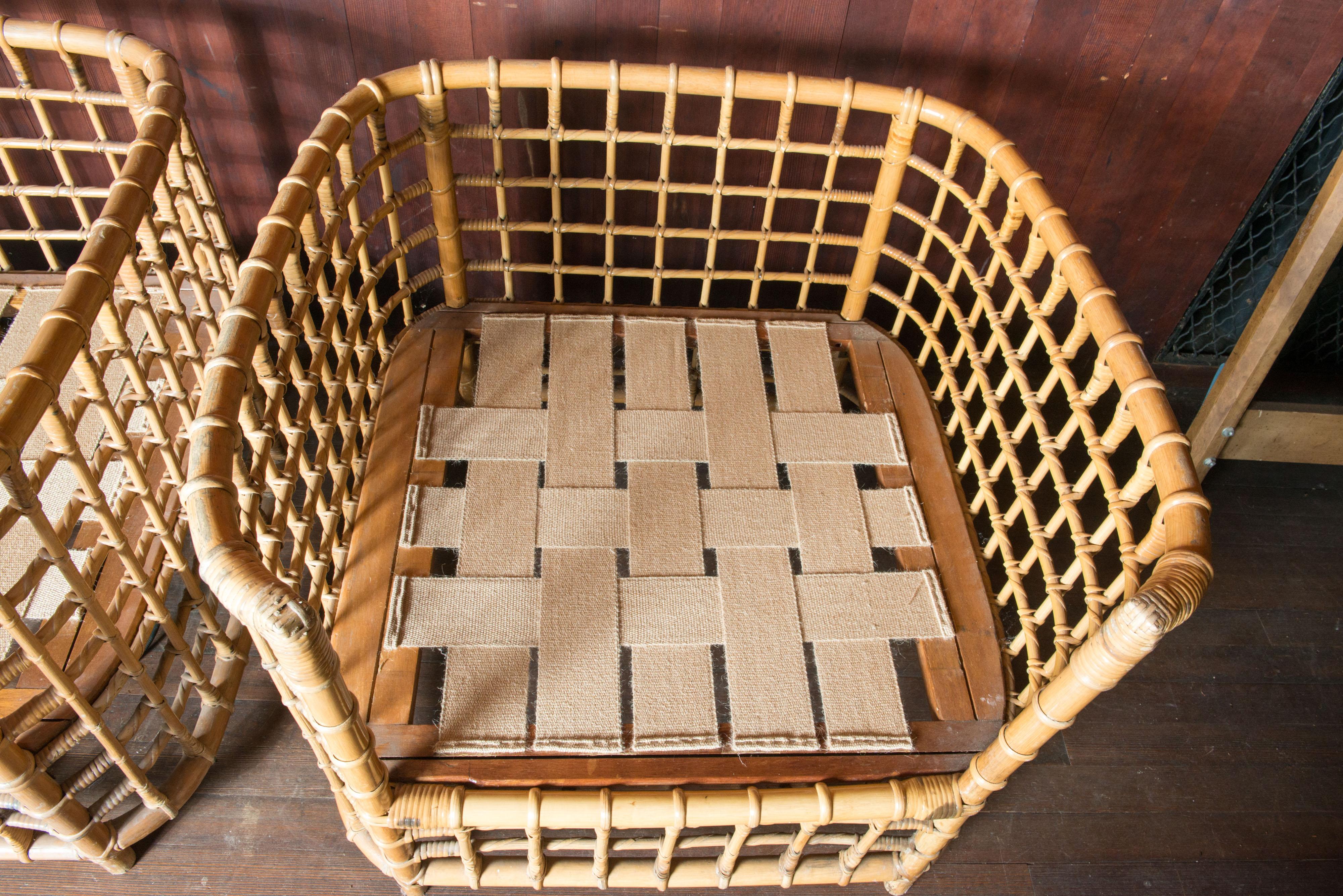 Henry Olko paire de fauteuils carrés en rotin, de style moderne du milieu du siècle dernier en vente 4