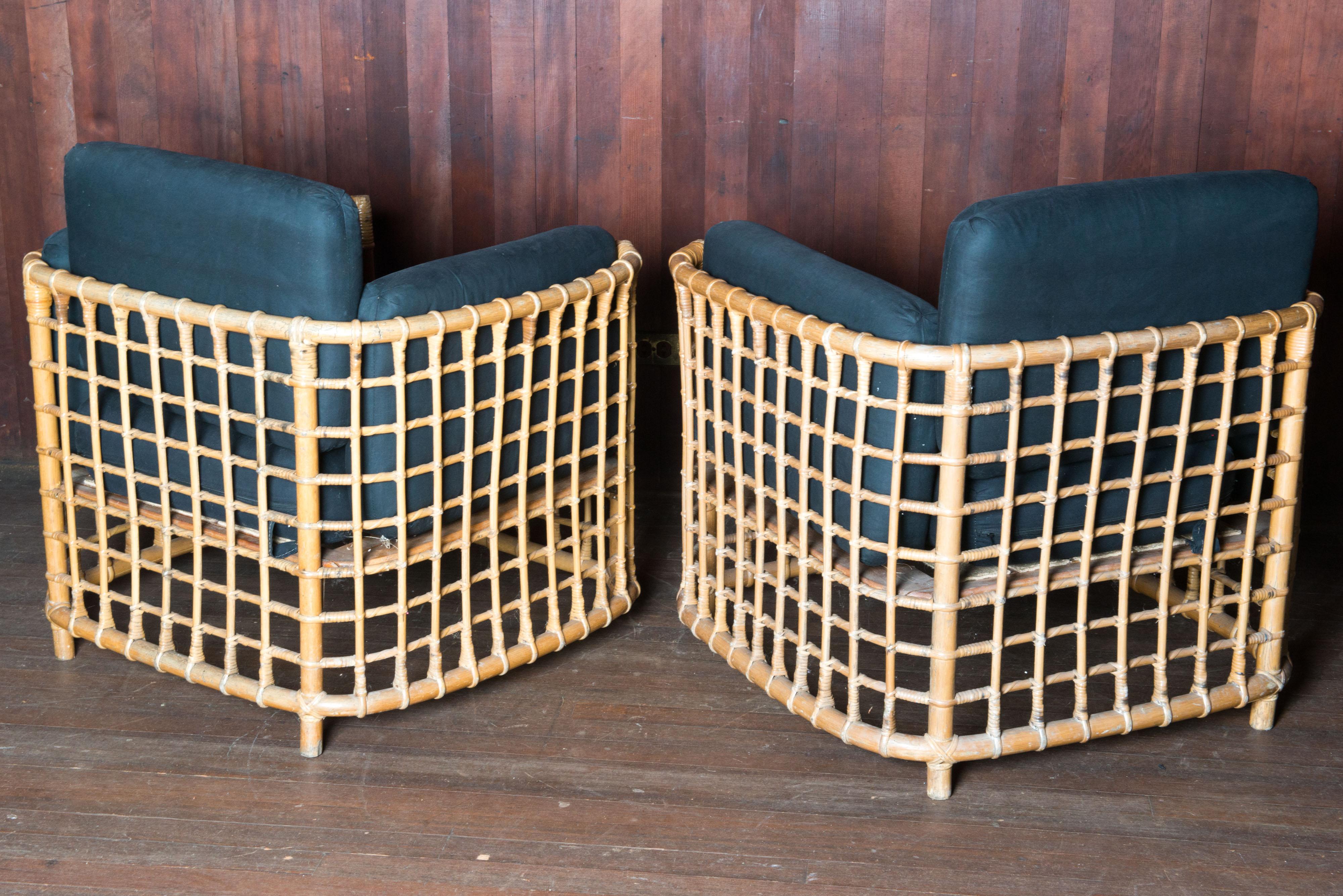 American Henry Olko Pair of Mid-Century Modern Square Series Rattan Armchairs For Sale