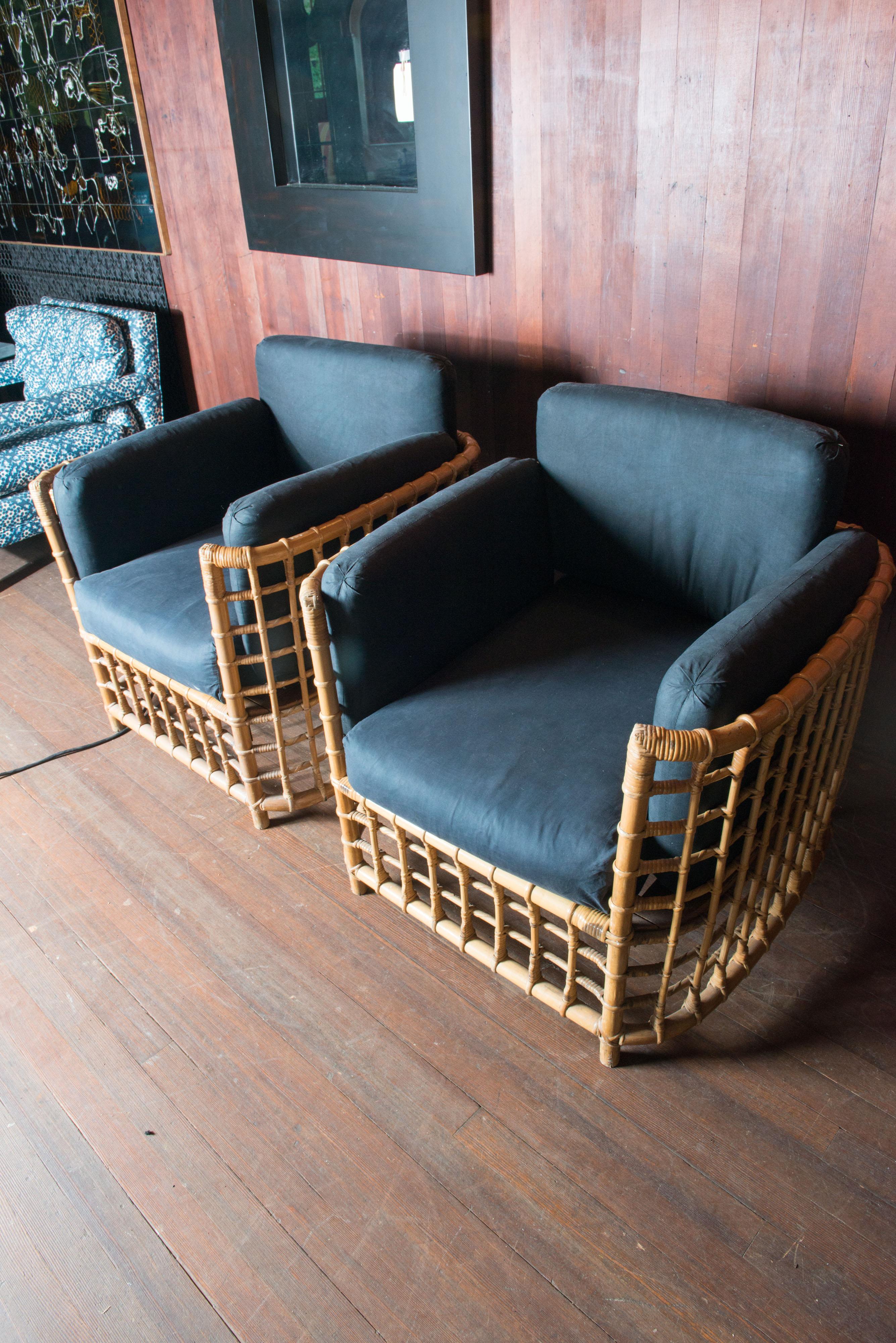 Henry Olko Pair of Mid-Century Modern Square Series Rattan Armchairs In Good Condition For Sale In Stamford, CT