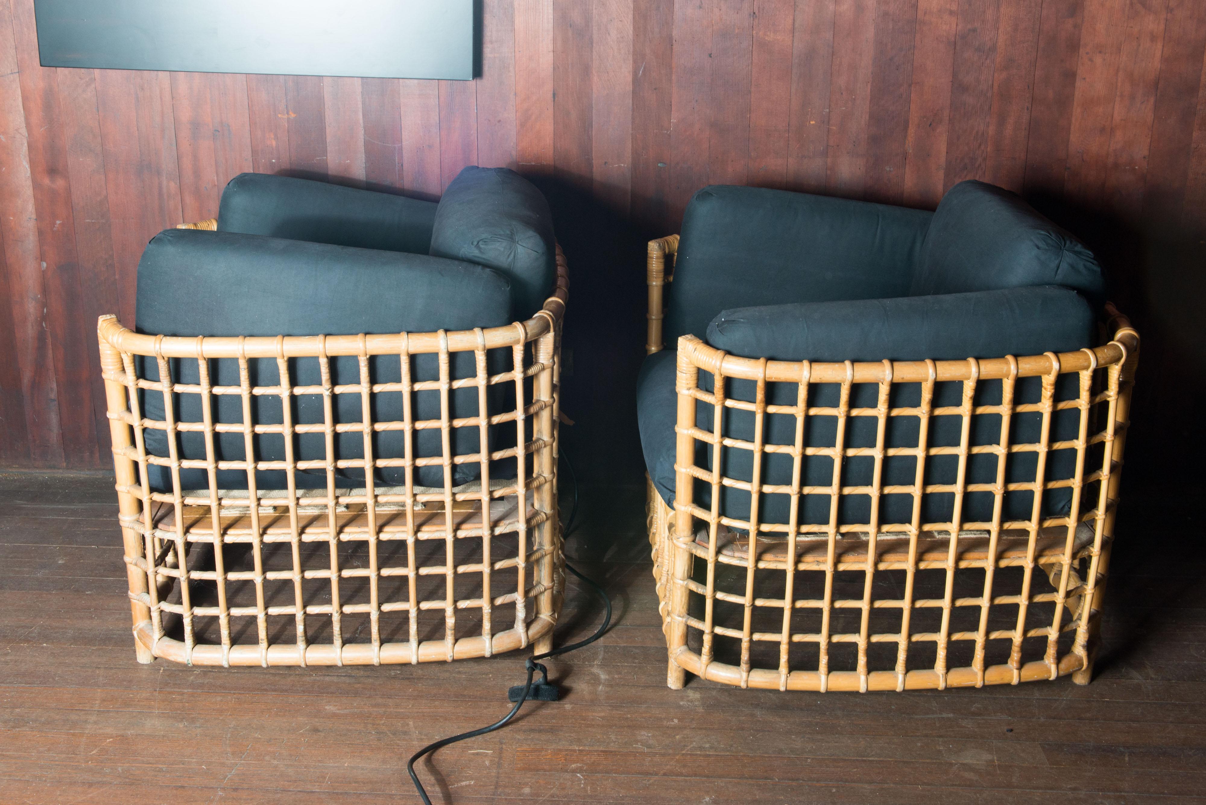 Late 20th Century Henry Olko Pair of Mid-Century Modern Square Series Rattan Armchairs For Sale