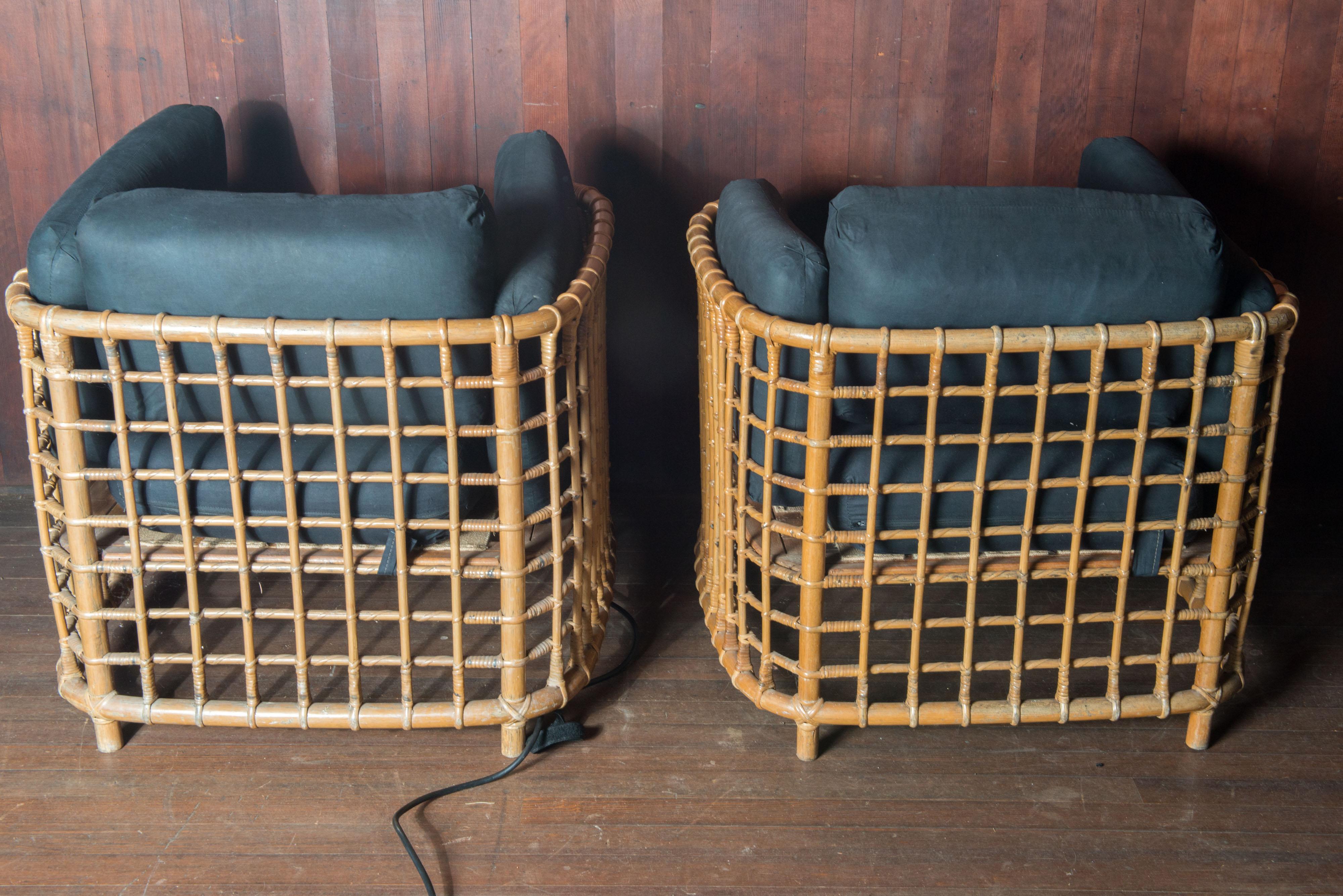 Cane Henry Olko Pair of Mid-Century Modern Square Series Rattan Armchairs For Sale