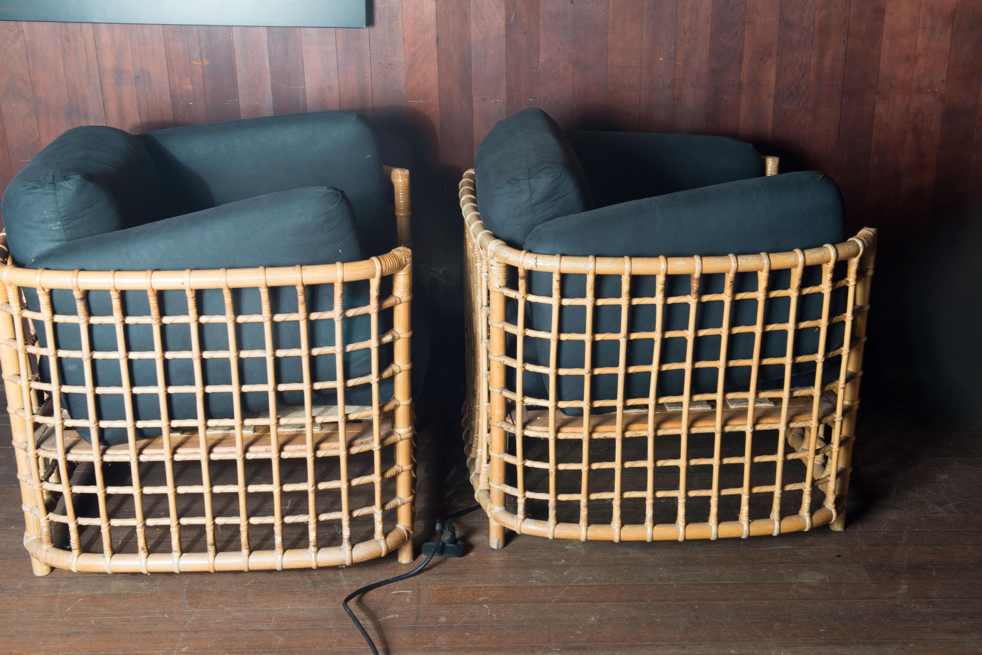 Henry Olko Pair of Mid-Century Modern Square Series Rattan Armchairs For Sale 1