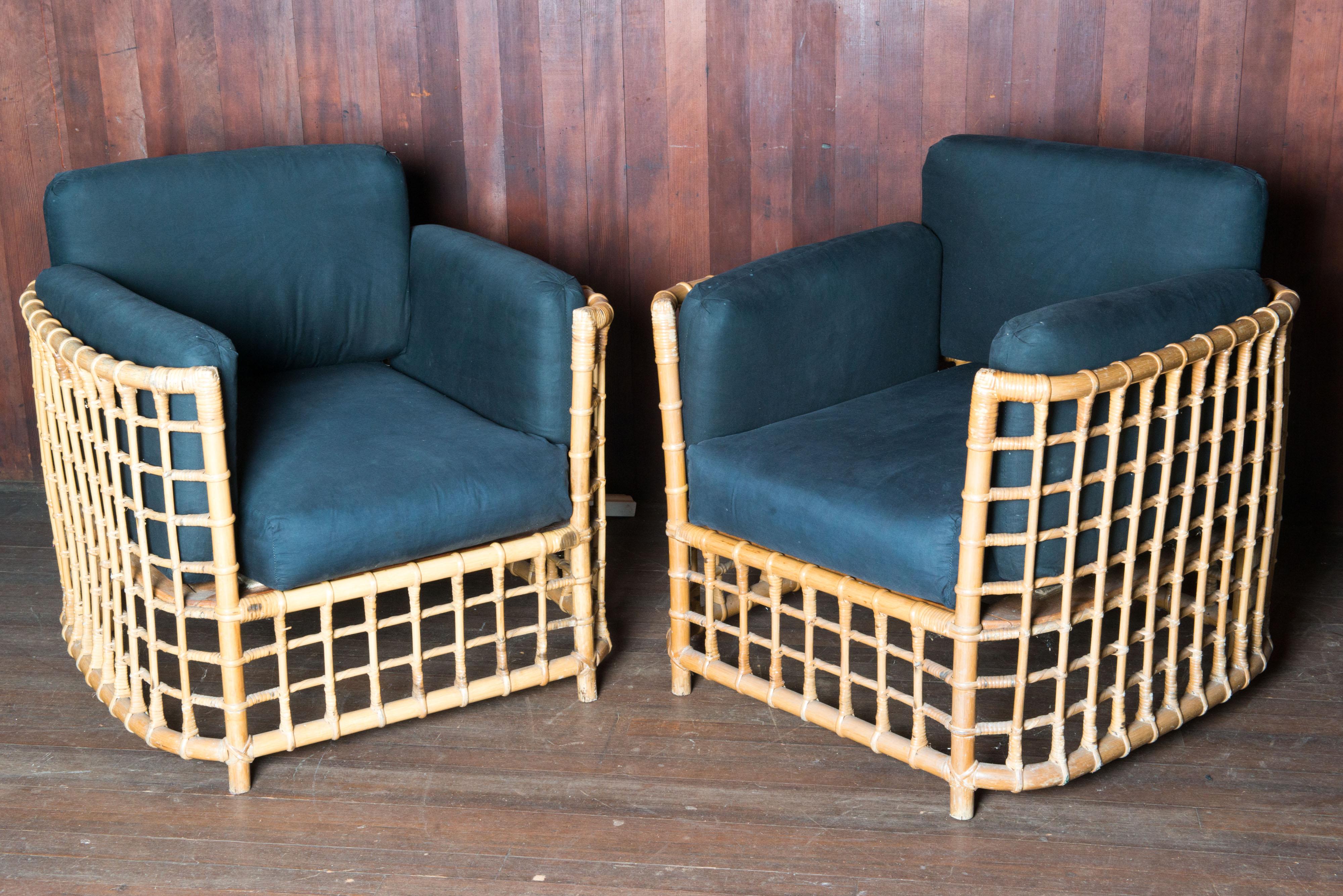 Henry Olko Pair of Mid-Century Modern Square Series Rattan Armchairs For Sale 2