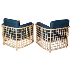Henry Olko Pair of Mid-Century Modern Square Series Rattan Armchairs