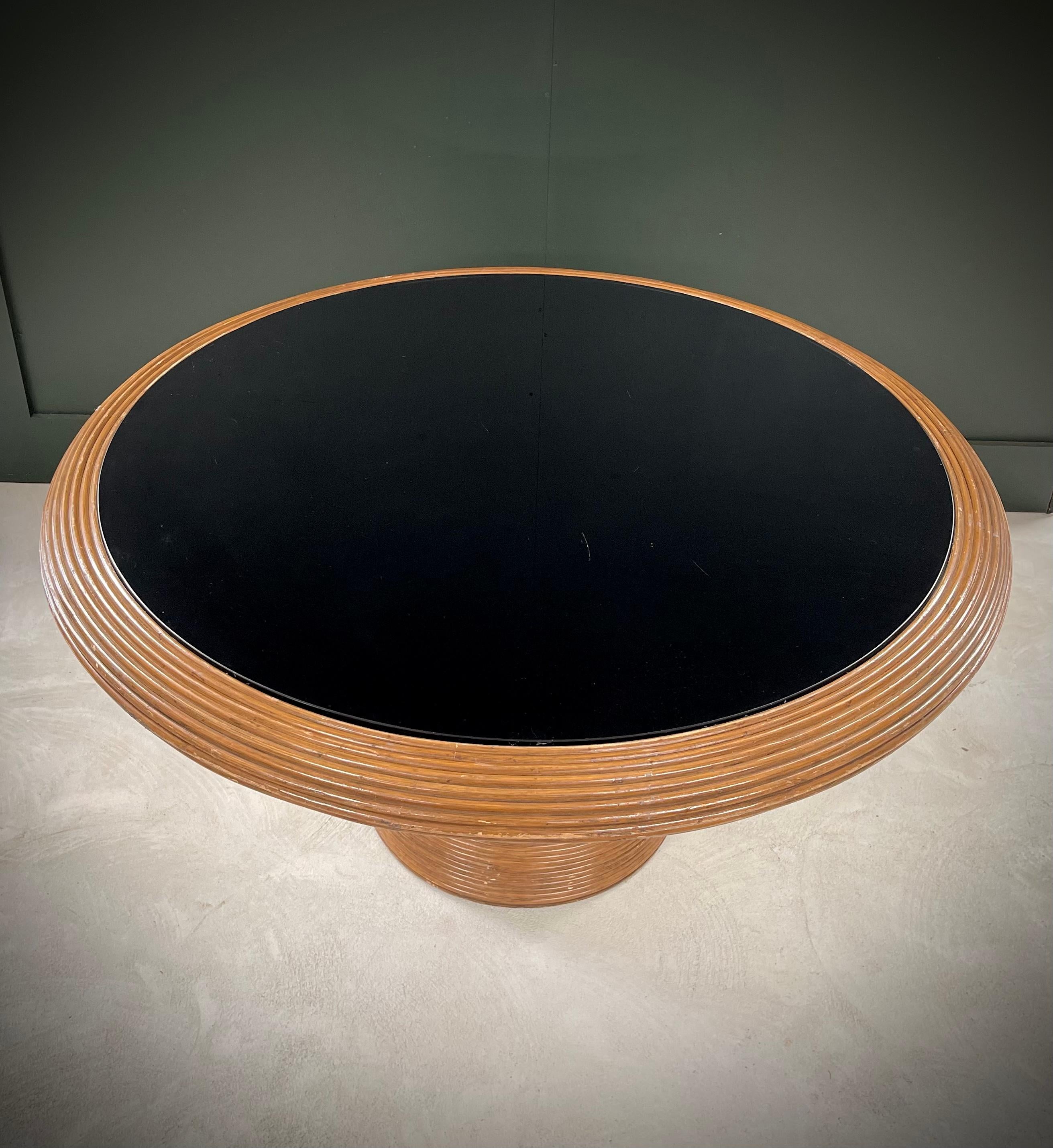 Bohemian Henry Olko Round Dining Table, Gabriella Crespi Style, Split Reed Rattan Glass