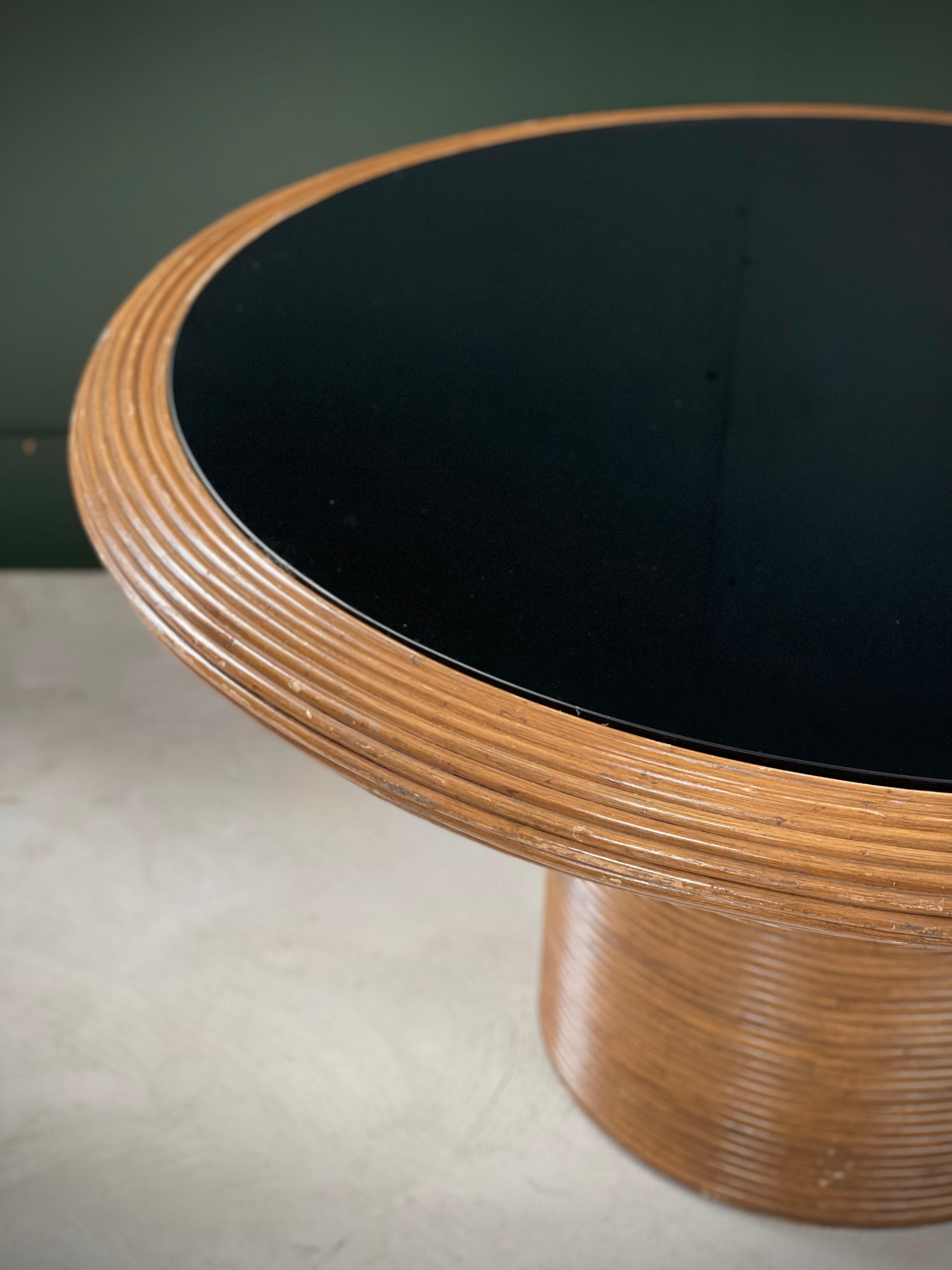 American Henry Olko Round Dining Table, Gabriella Crespi Style, Split Reed Rattan Glass