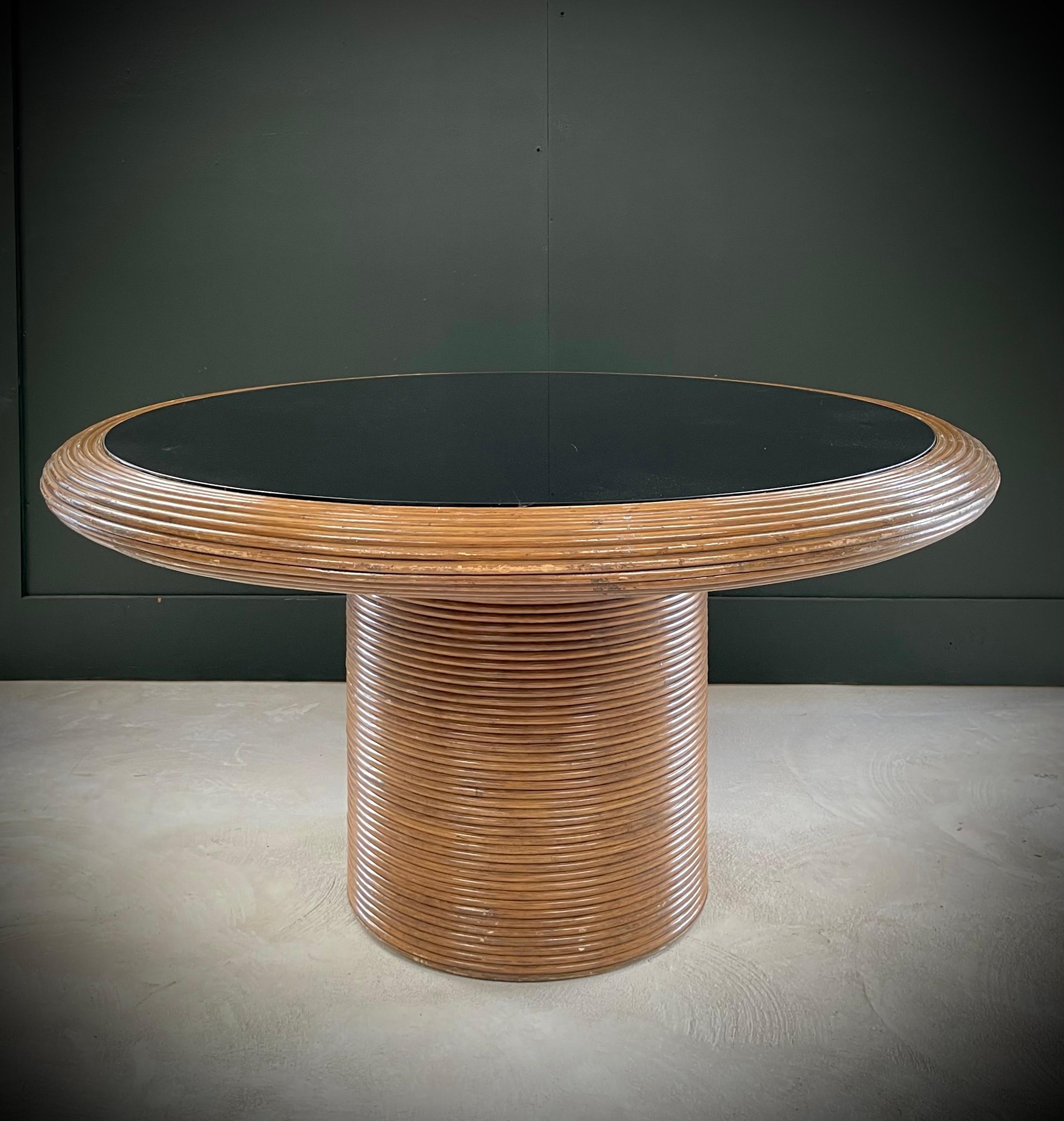 Henry Olko Round Dining Table, Gabriella Crespi Style, Split Reed Rattan Glass In Good Condition In Mckinney, TX
