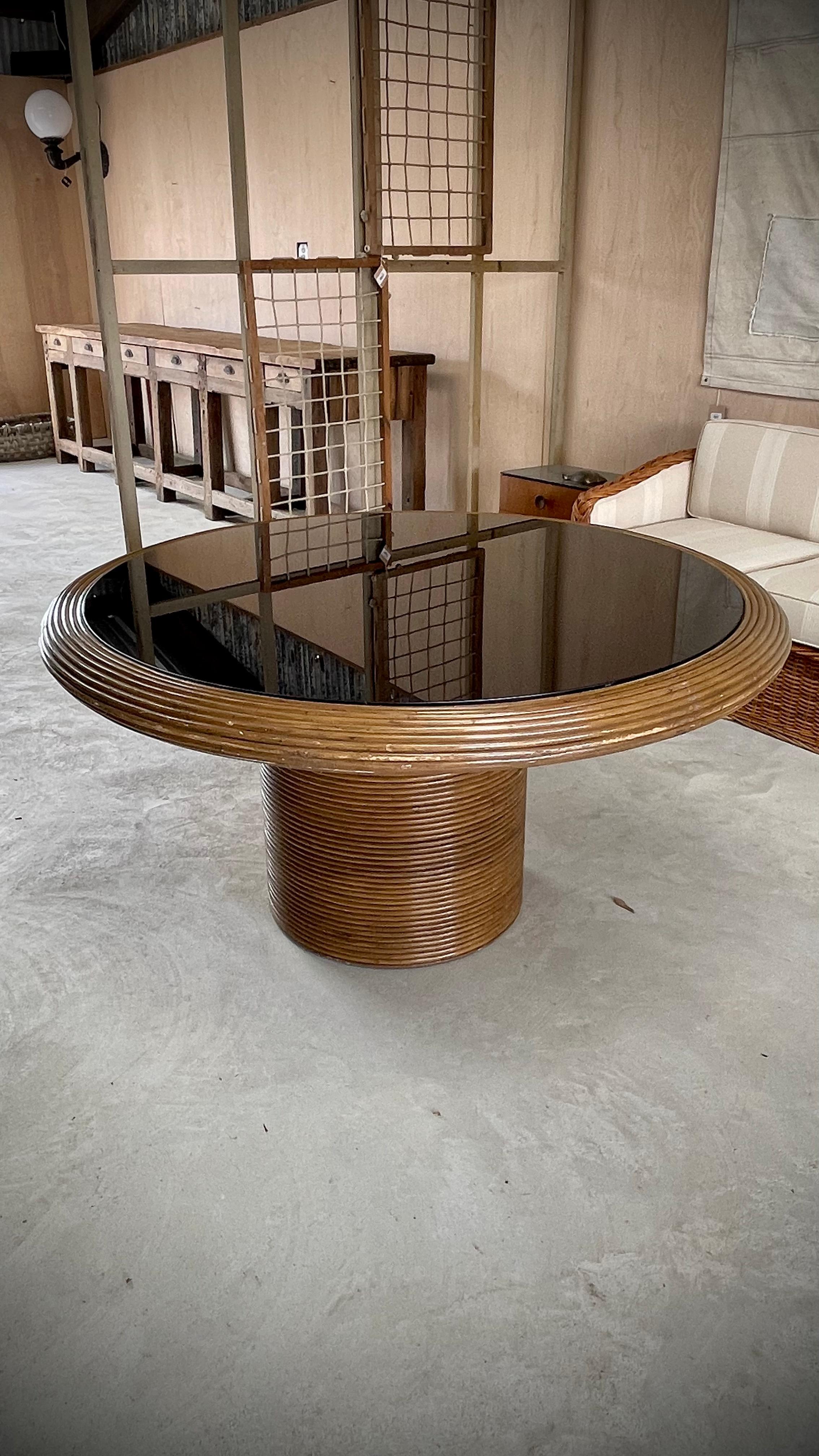 Late 20th Century Henry Olko Round Dining Table, Gabriella Crespi Style, Split Reed Rattan Glass For Sale