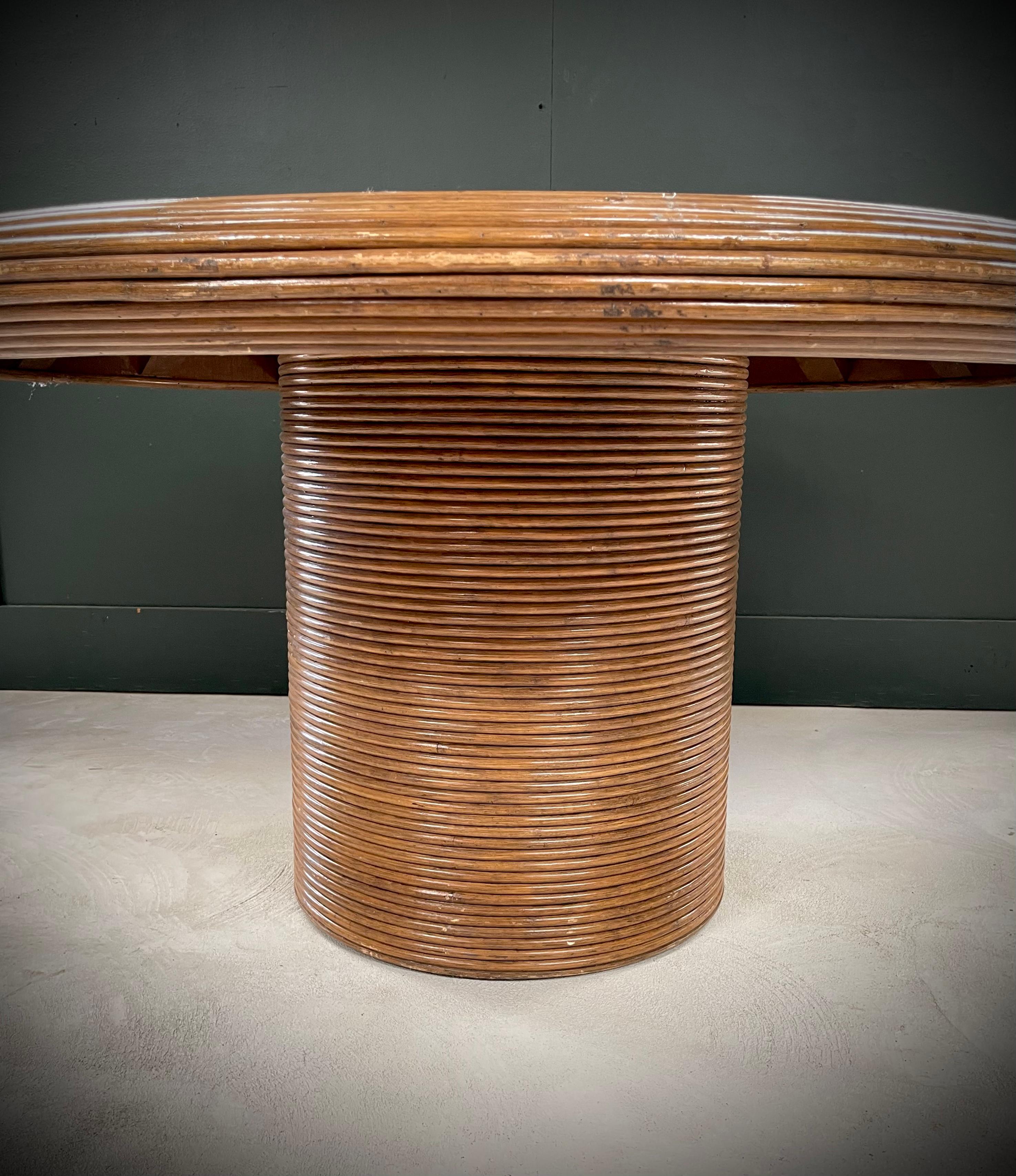 Henry Olko Round Dining Table, Gabriella Crespi Style, Split Reed Rattan Glass 1