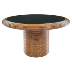 Henry Olko Round Dining Table, Gabriella Crespi Style, Split Reed Rattan Glass