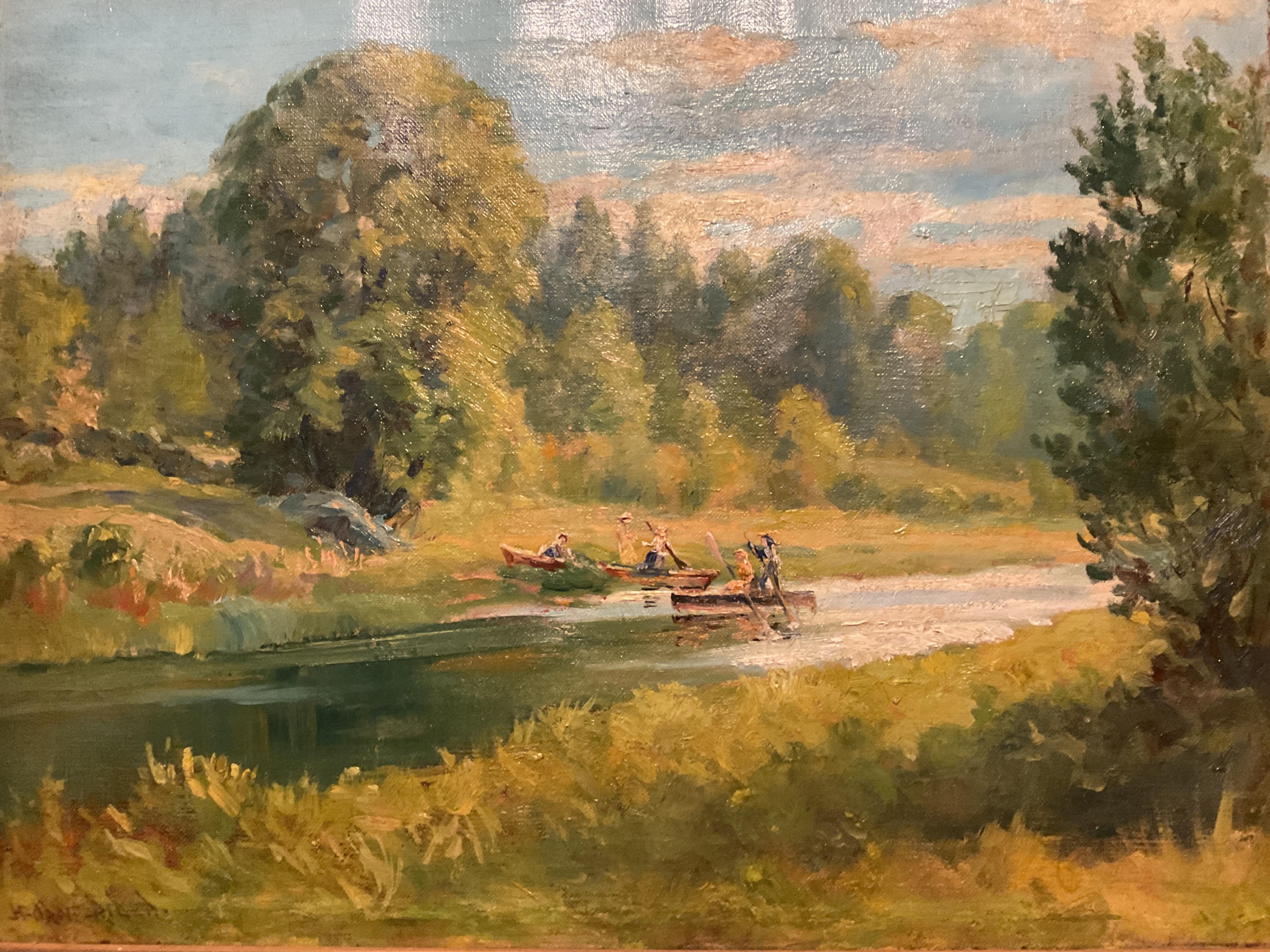 Amerikanischer Impressionist Gemälde - Bootsparty, Sudbury River in der Nähe von Boston, Mass – Painting von Henry Orne  Rider