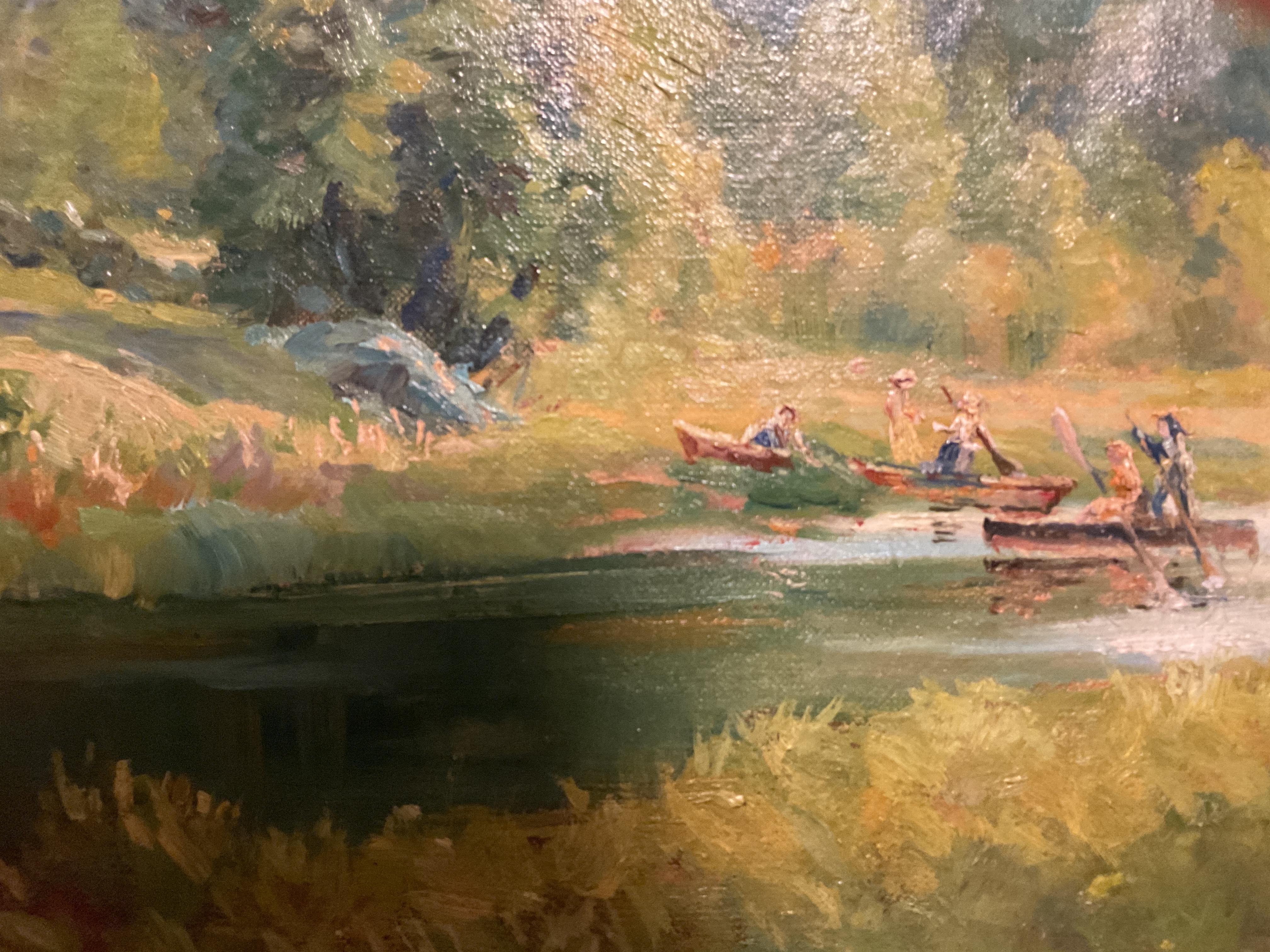 Amerikanischer Impressionist Gemälde - Bootsparty, Sudbury River in der Nähe von Boston, Mass (Braun), Landscape Painting, von Henry Orne  Rider