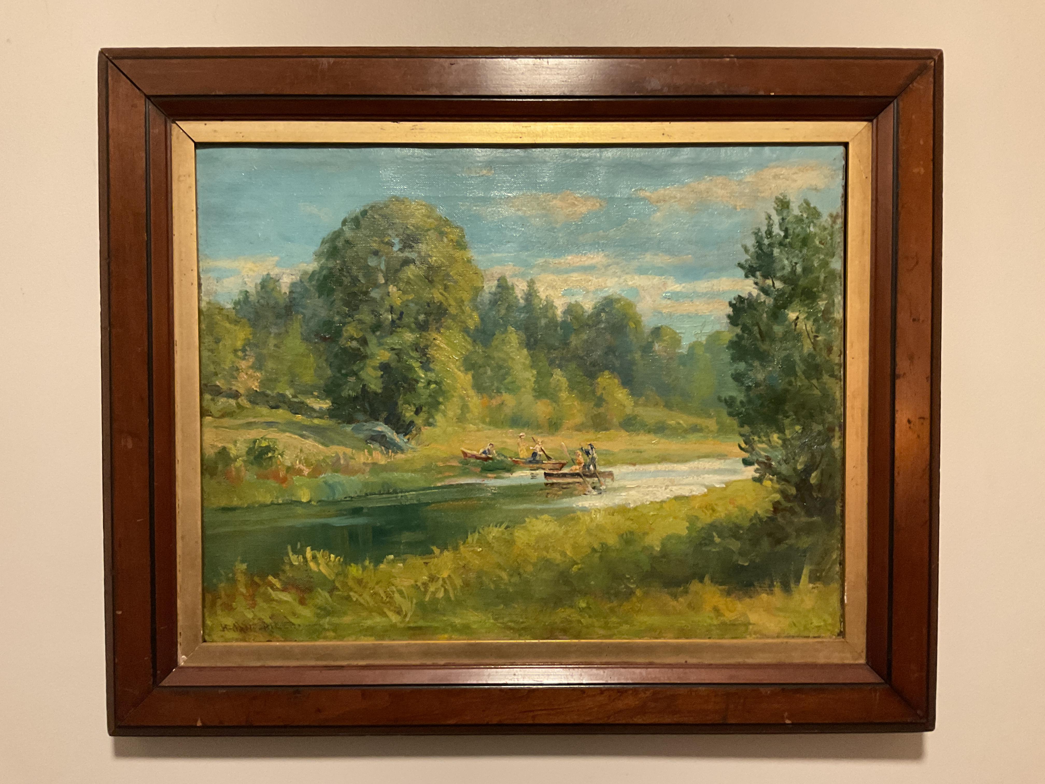 Henry Orne  Rider Landscape Painting – Amerikanischer Impressionist Gemälde - Bootsparty, Sudbury River in der Nähe von Boston, Mass