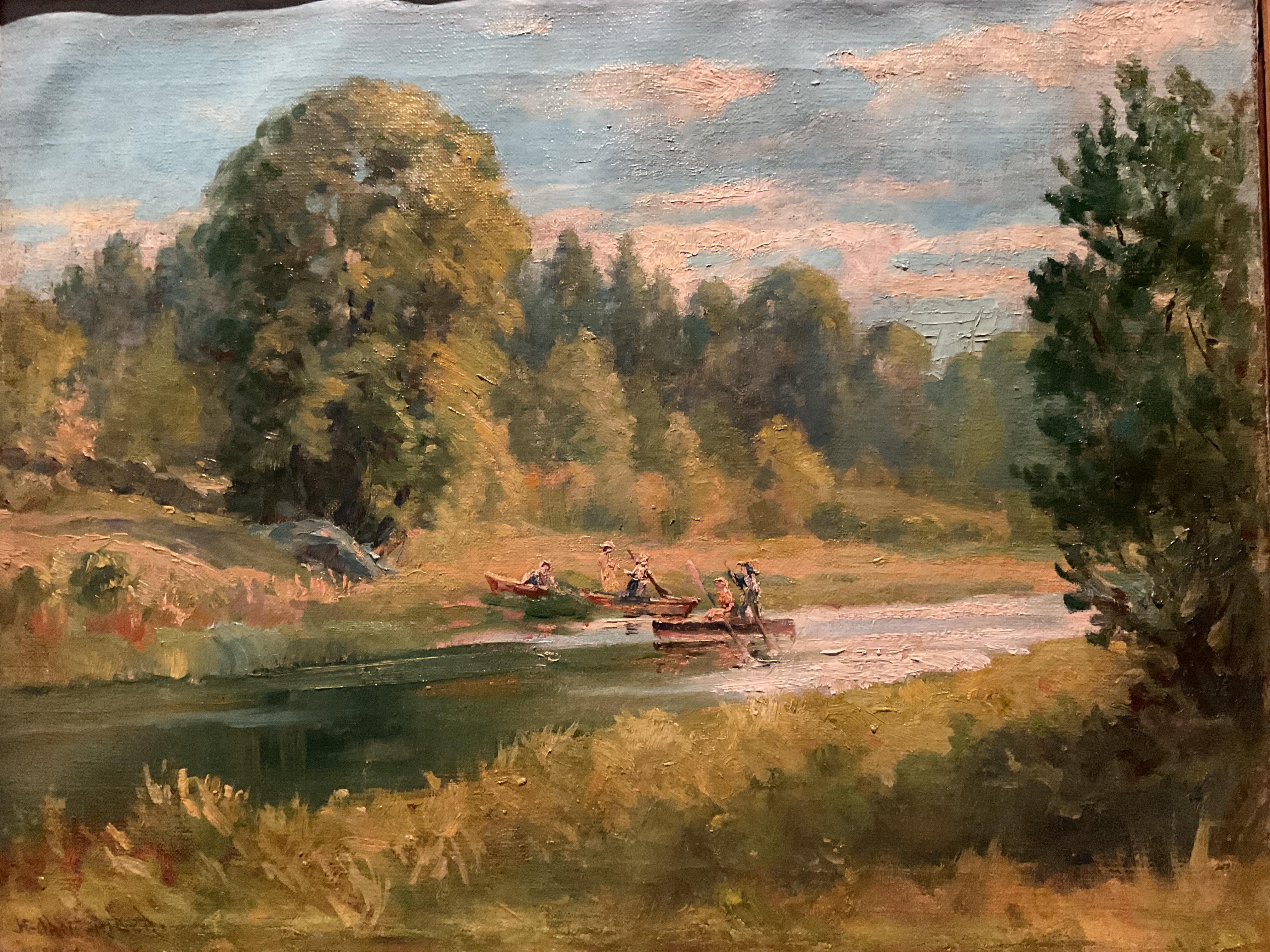 “A Boating Party on the Sudbury River” Massachusetts Oil Painting by H. O. Rider - Brown Landscape Painting by Henry Orne Rider