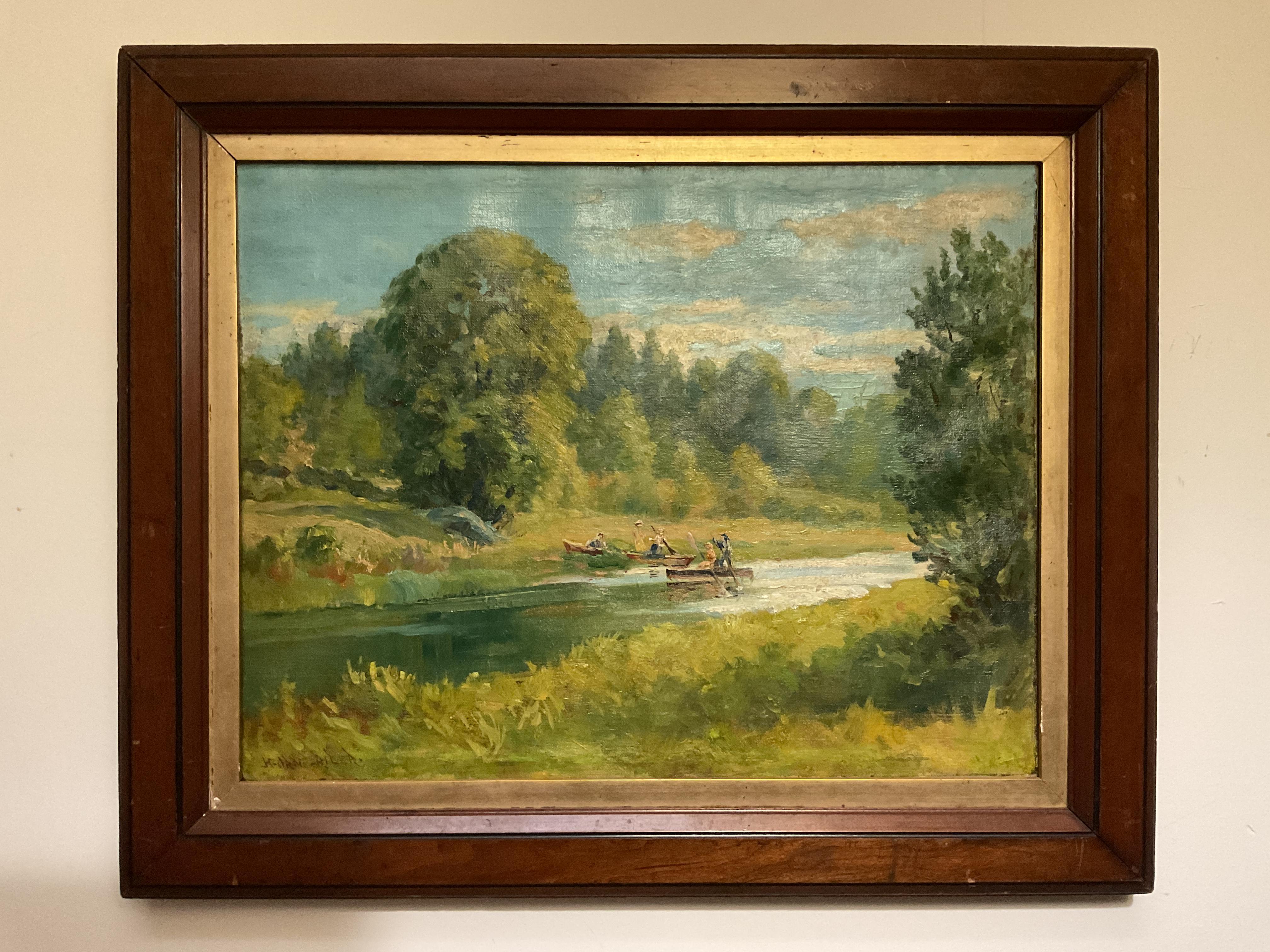 Henry Orne Rider Landscape Painting - “A Boating Party on the Sudbury River” Massachusetts Oil Painting by H. O. Rider