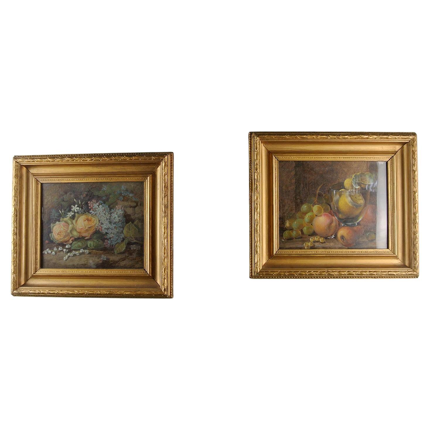 A good pair of 19th century still life paintings, oil on board by the British Victorian Period artist Henry P. Gill who flourished in the 1880s and 1890s.

The first with two beautifully painted long stemmed roses alongside a branch of lavender,
