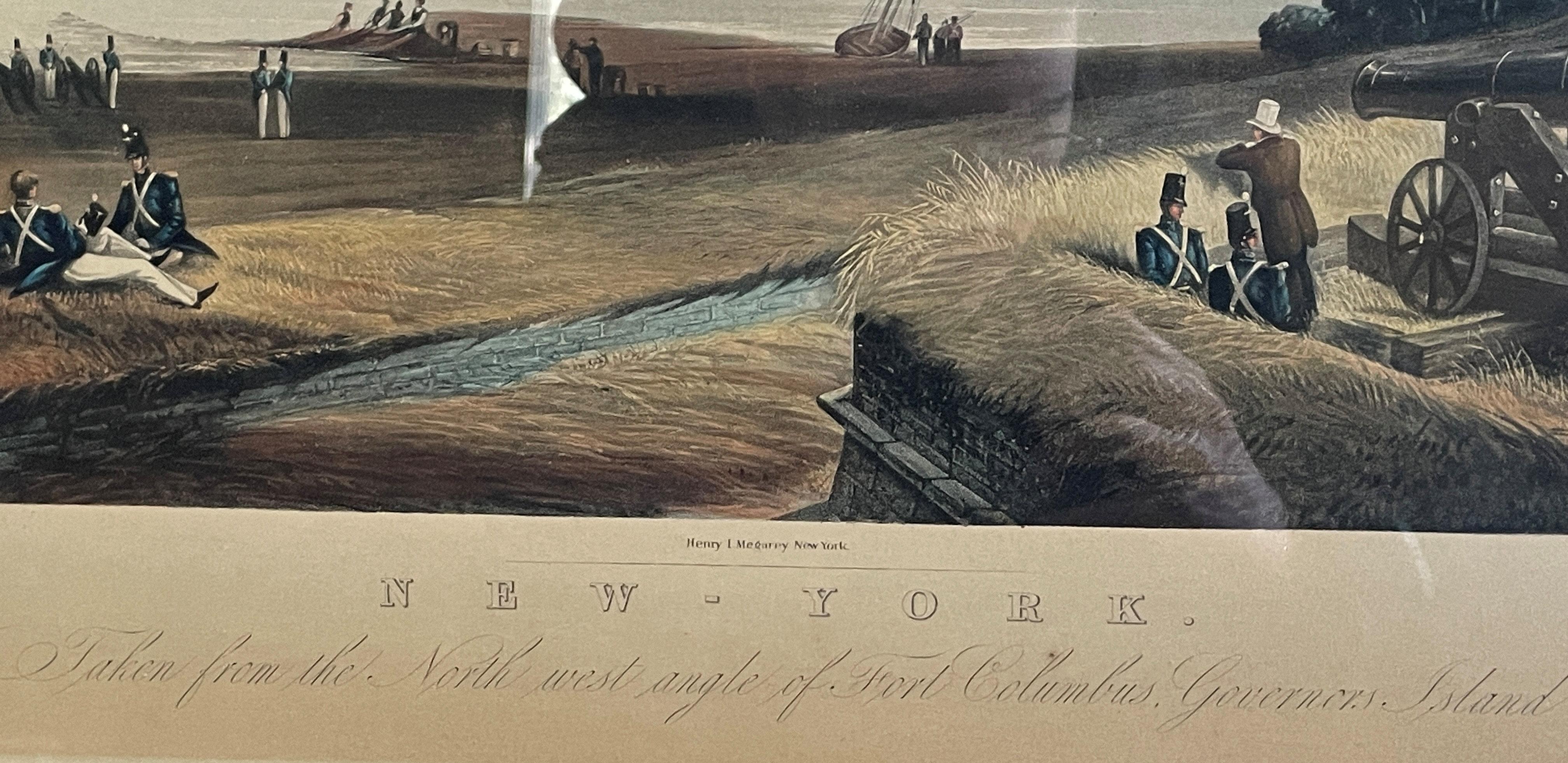 New York - Taken from the north west angle of Fort Columbus Governor's Island, 1846
Engraved by Henry Papprill after a sketch by F. Catherwood, published by Henry J. Megarey
Hand-colored engraving on paper
Image 16 x 26 1/2 inches

Henry A. Papprill