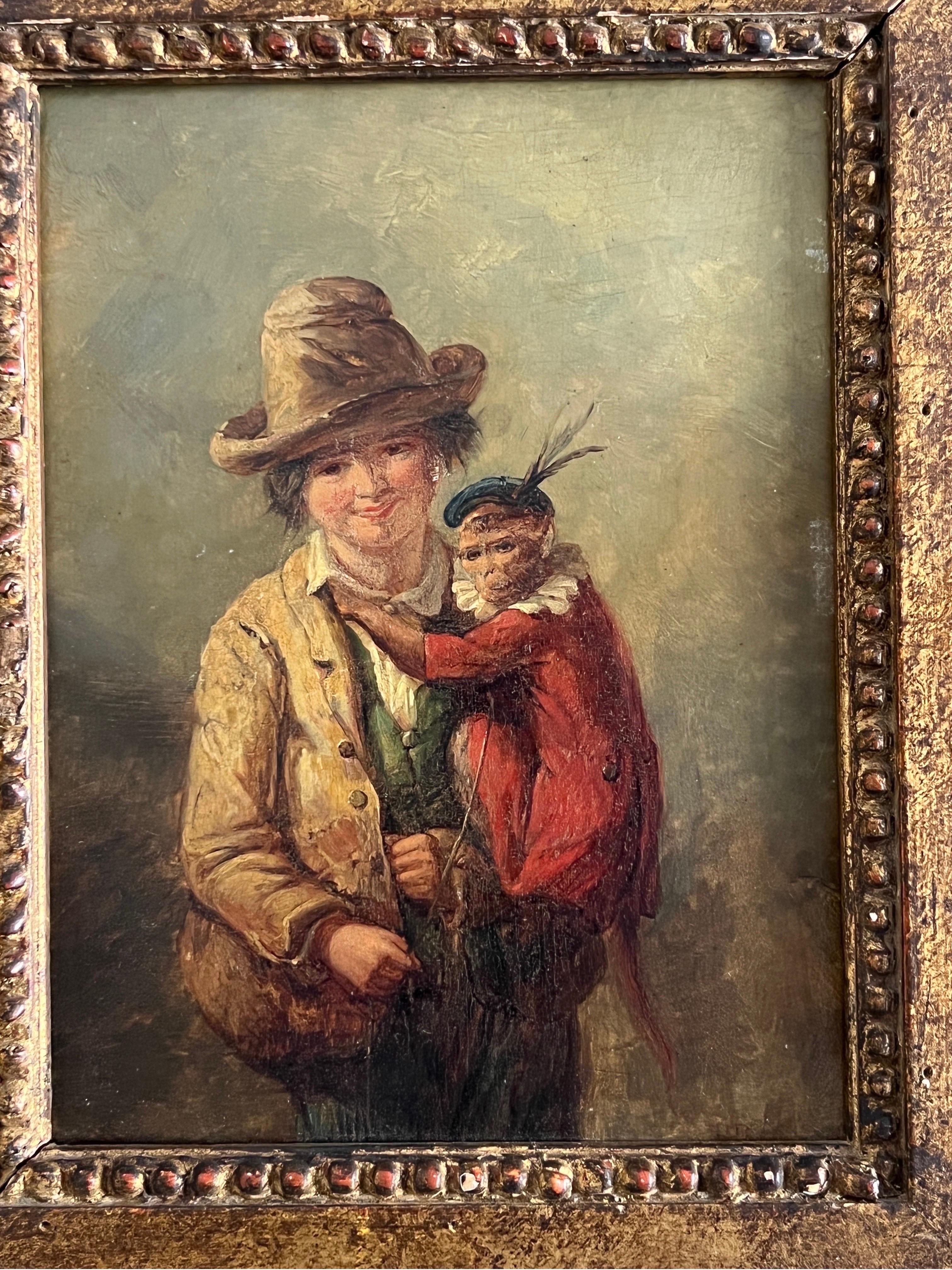 Henry Park (inglese, 1816-1871). Un adorabile dipinto antico della scuola inglese che ritrae un bambino cacciatore con la sua scimmietta. Marcato in basso a destra 