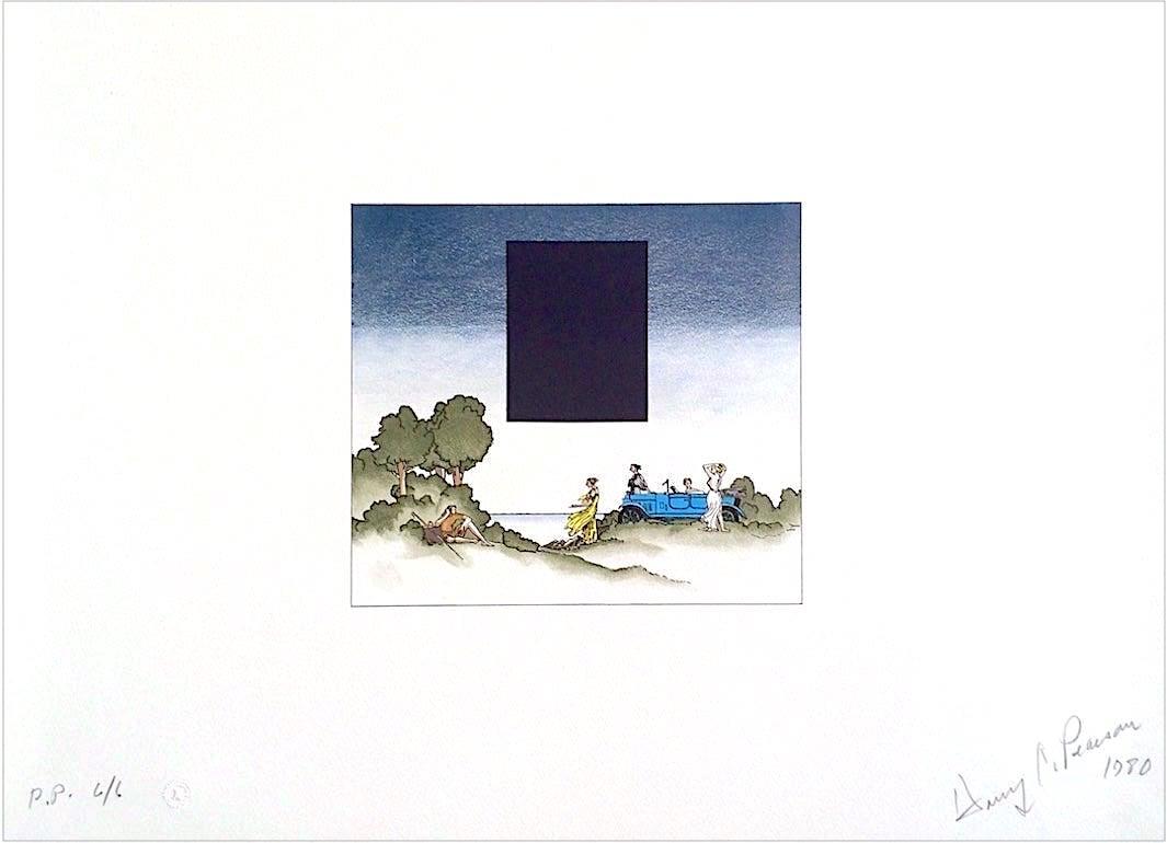 Landscape Print di Henry Pearson - GIUDIZIO DI PARIGI 1924 LAGONDA Litografia firmata, stile minimalista, auto di lusso