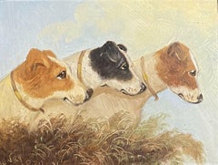 Antique English Dog Oil Painting - Three Jack Russell Terriers Head Portraits