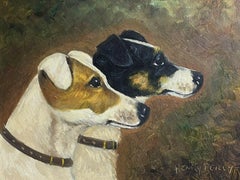Antique English Dog Oil Painting - Two Jack Russell Terriers Head Portraits