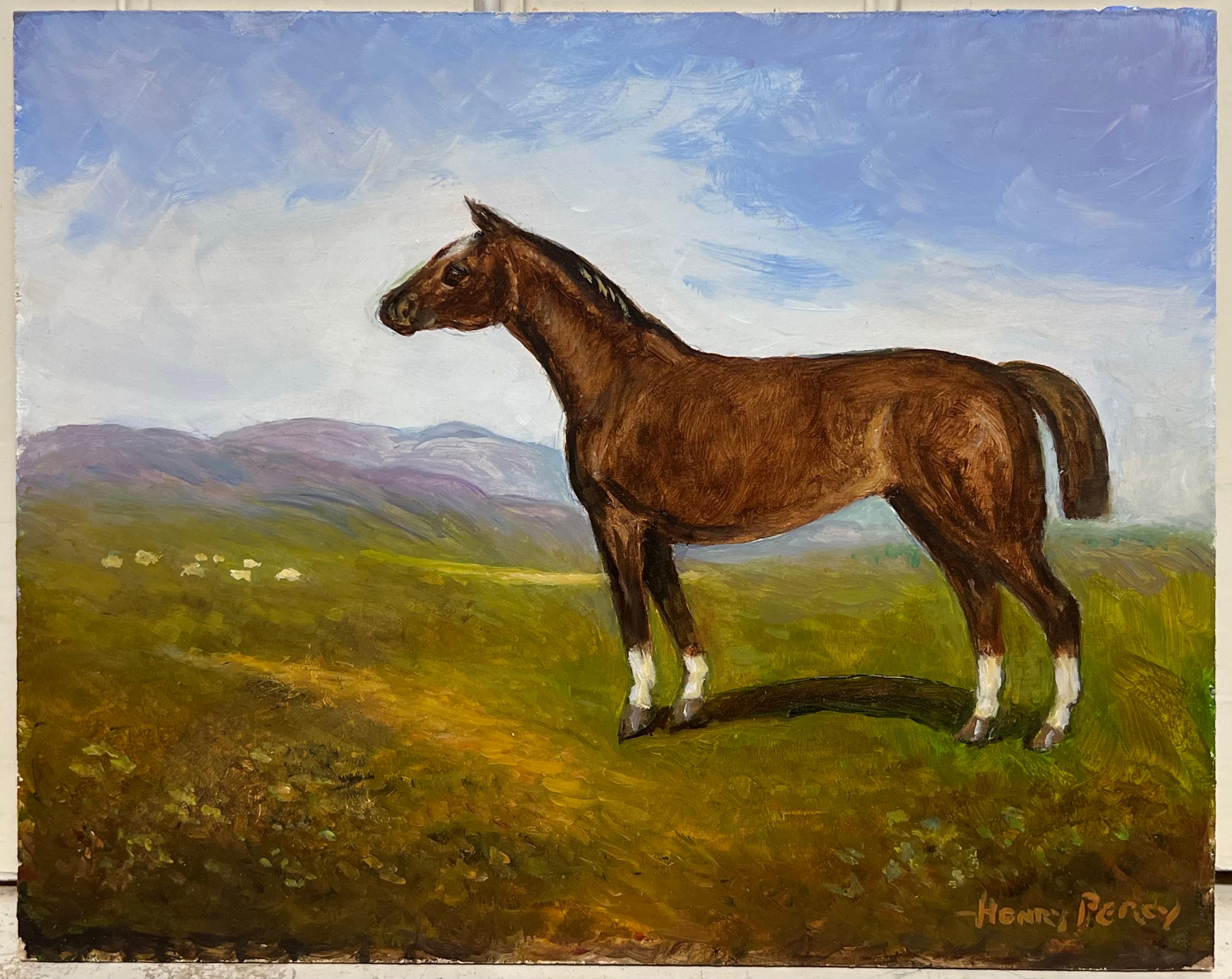 Cavallo di castagno in piedi in un paesaggio inglese Firmato Pittura a olio britannica - Painting di Henry Percy