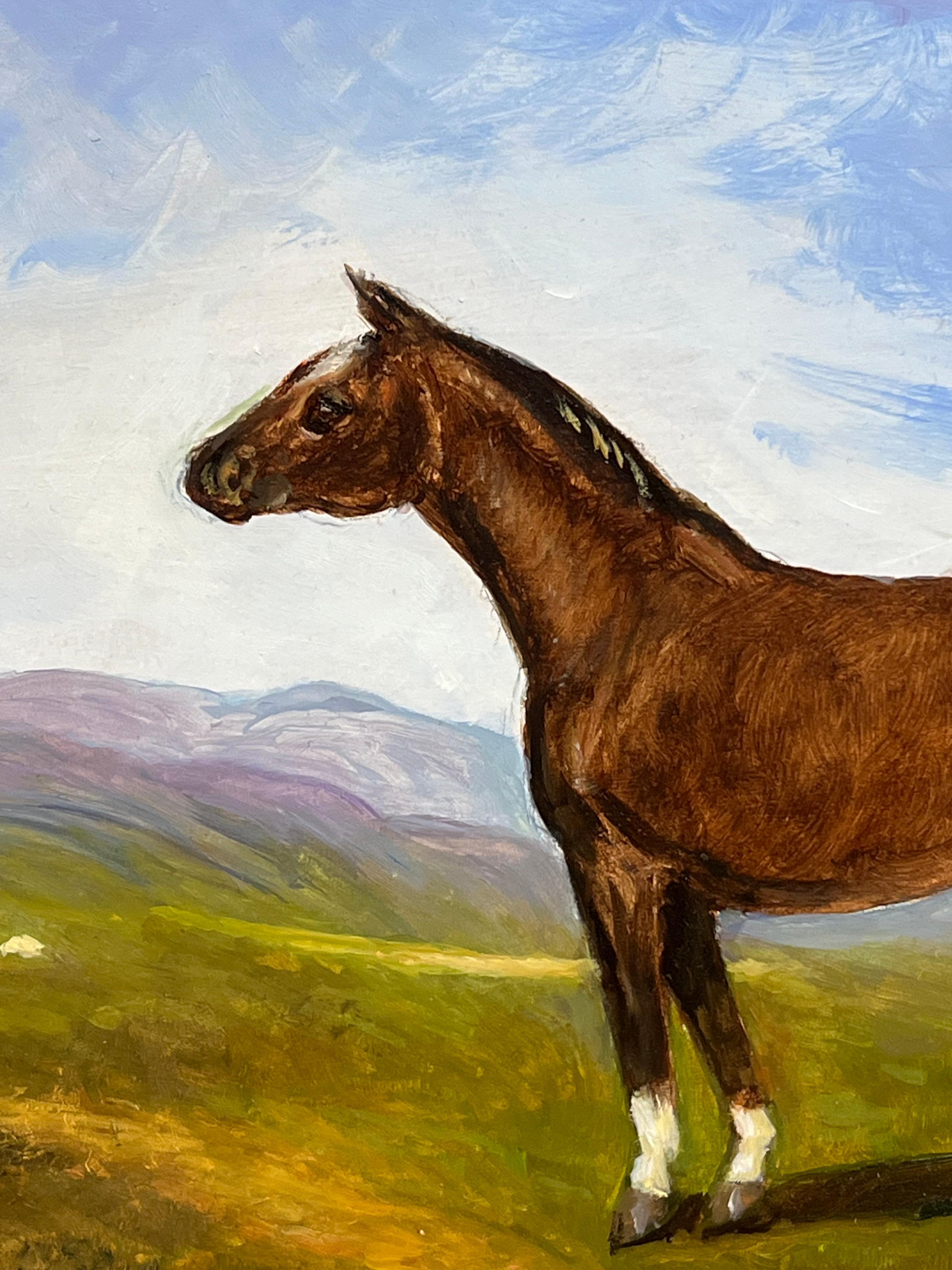 Cavallo di castagno in piedi in un paesaggio inglese Firmato Pittura a olio britannica - Painting Scuola inglese di Henry Percy
