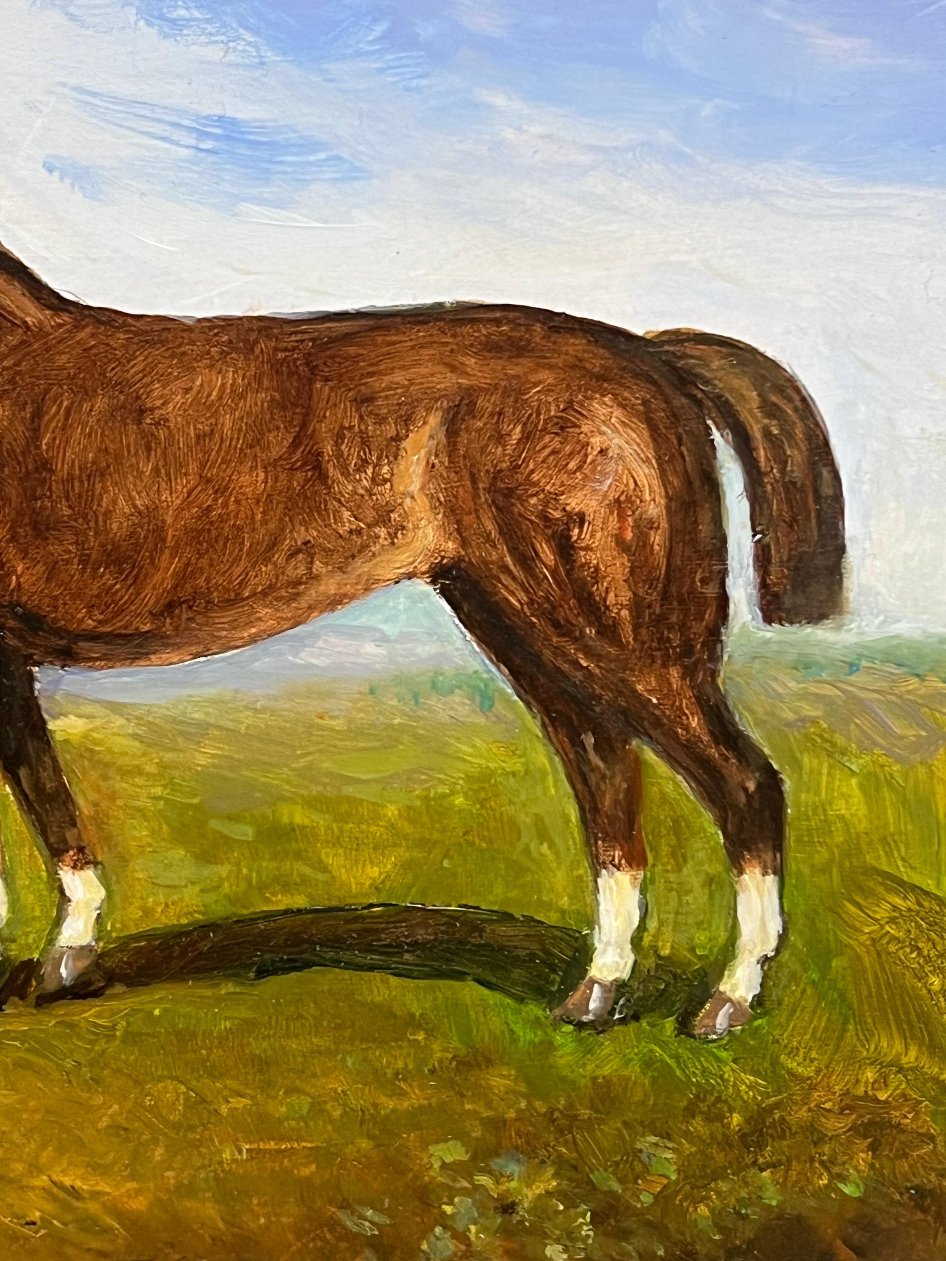 Cavallo di castagno in piedi in un paesaggio inglese Firmato Pittura a olio britannica - Portrait Painting Marrone di Henry Percy