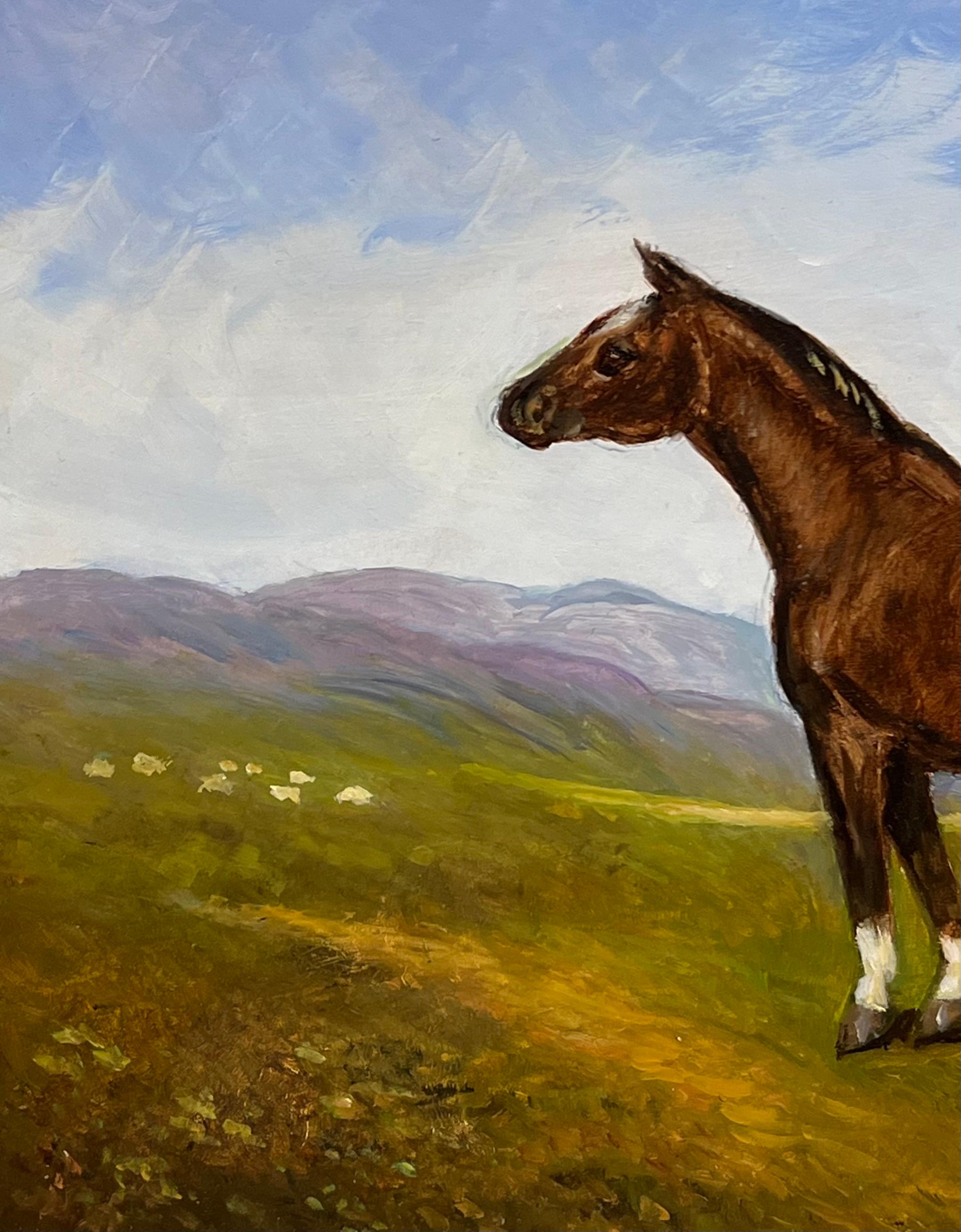 Cavallo di castagno in piedi in un paesaggio inglese Firmato Pittura a olio britannica in vendita 2