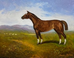 Caballo alazán de pie en un paisaje inglés Pintura al óleo británica firmada