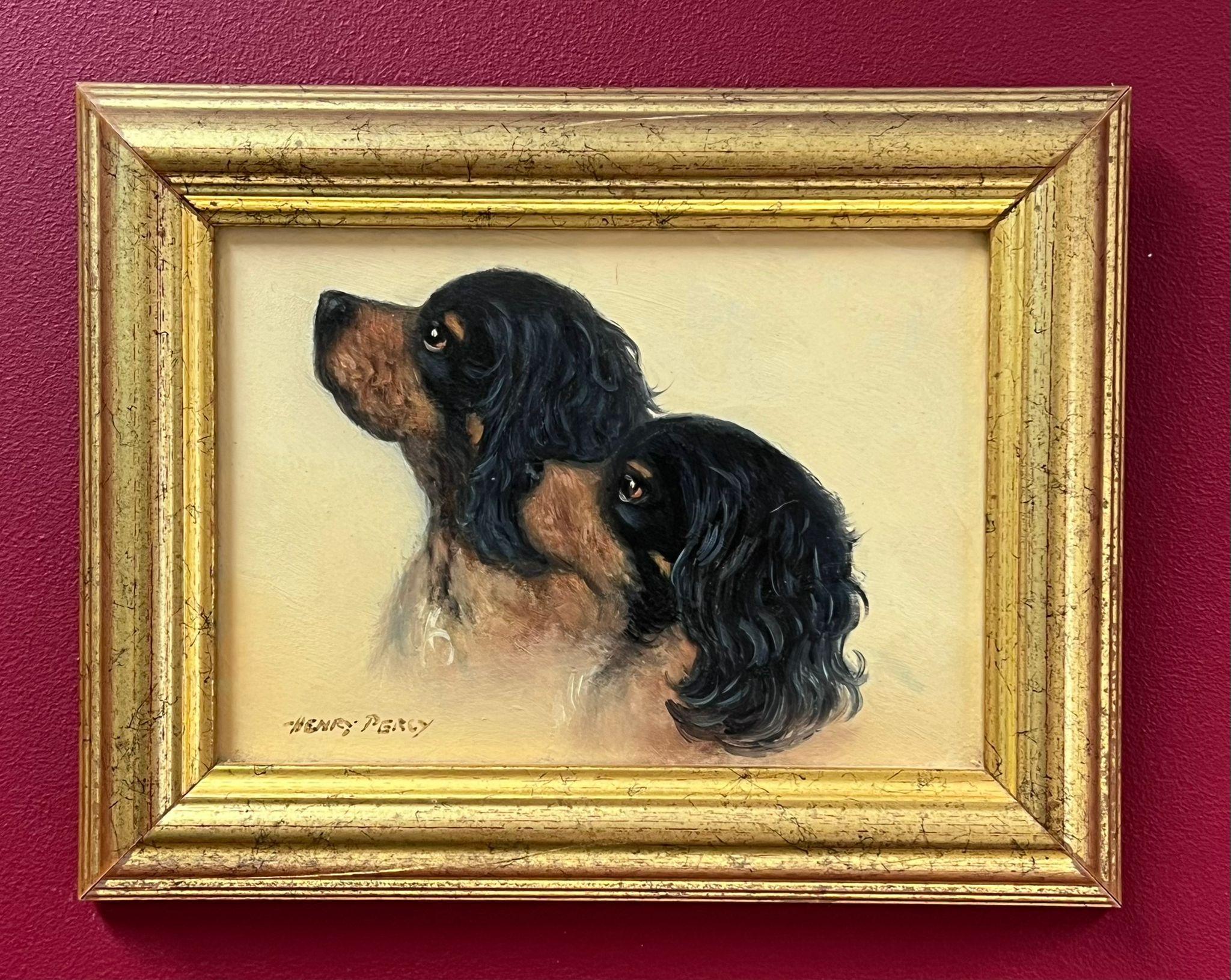 Fine Antique British Oil Painting Head Portraits of Two Cavalier Spaniel Dogs - Brown Portrait Painting by Henry Percy