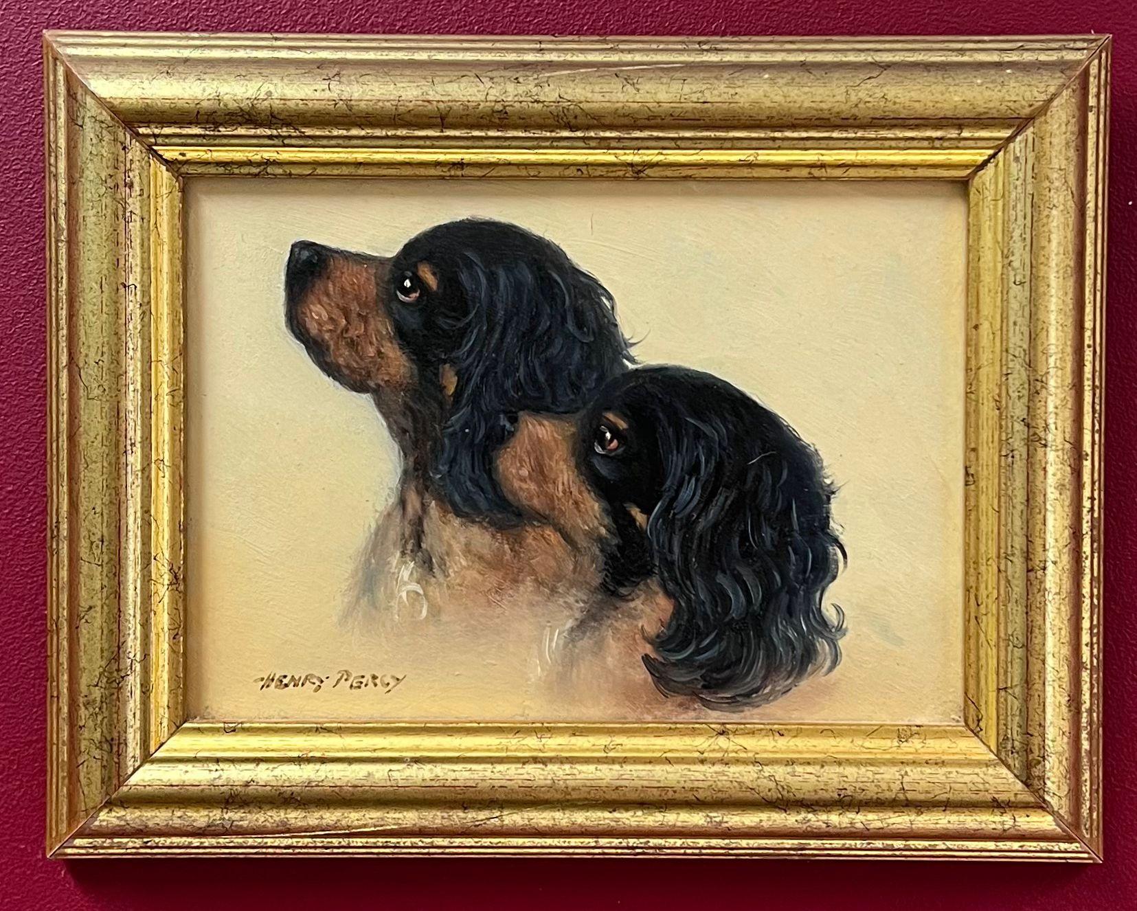 Henry Percy Portrait Painting - Fine Antique British Oil Painting Head Portraits of Two Cavalier Spaniel Dogs