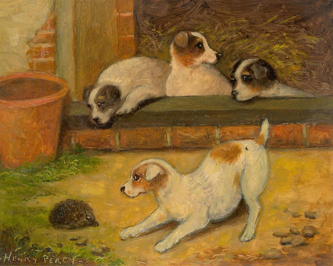 A delightfully charming oil study of four terrier puppies curious over a prickly acquaintance on the farm. Signed by the artist to the lower left. On board. 