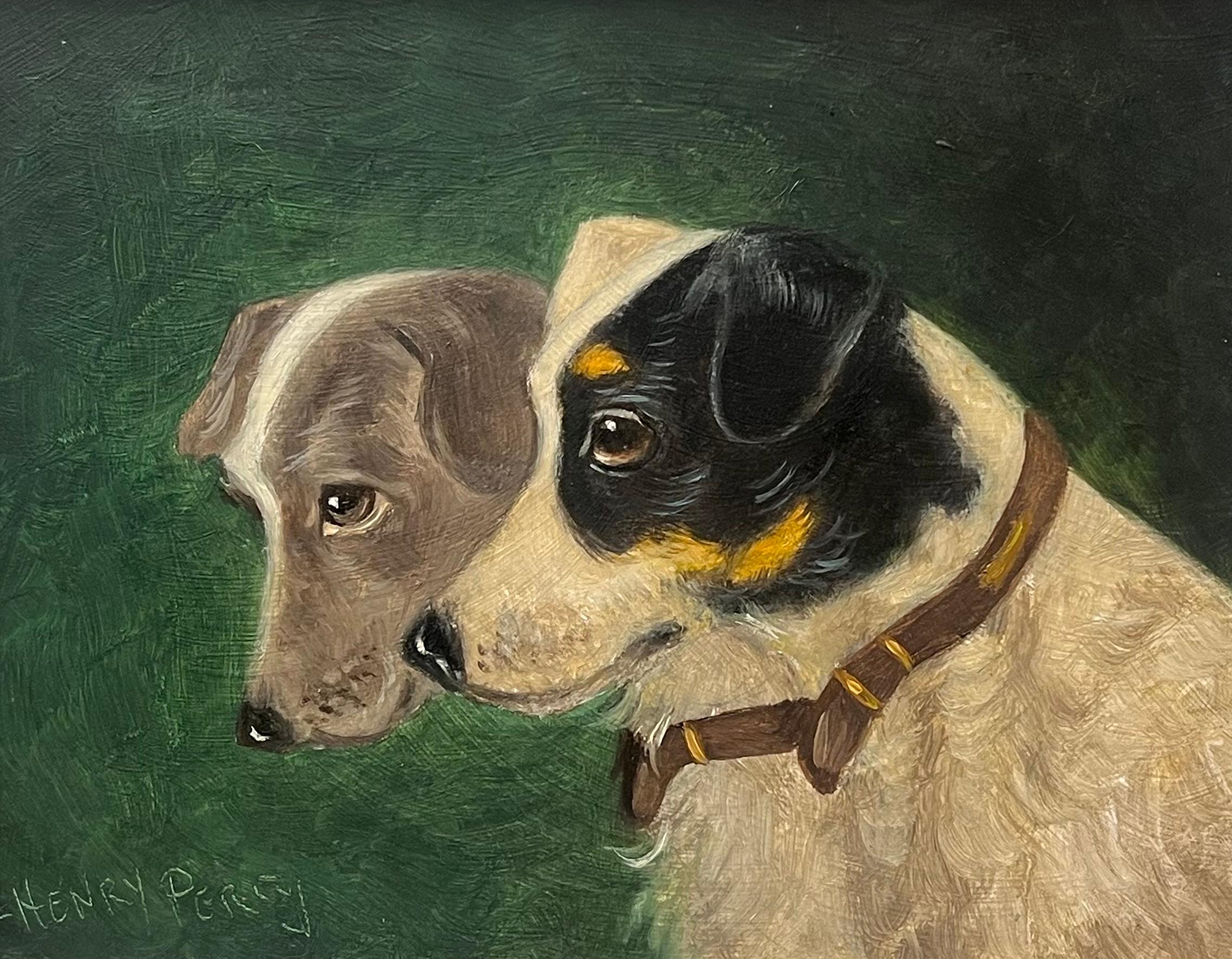 Vintage English Dog Oil Painting Head Portraits of Two Terriers Jack Russels 7