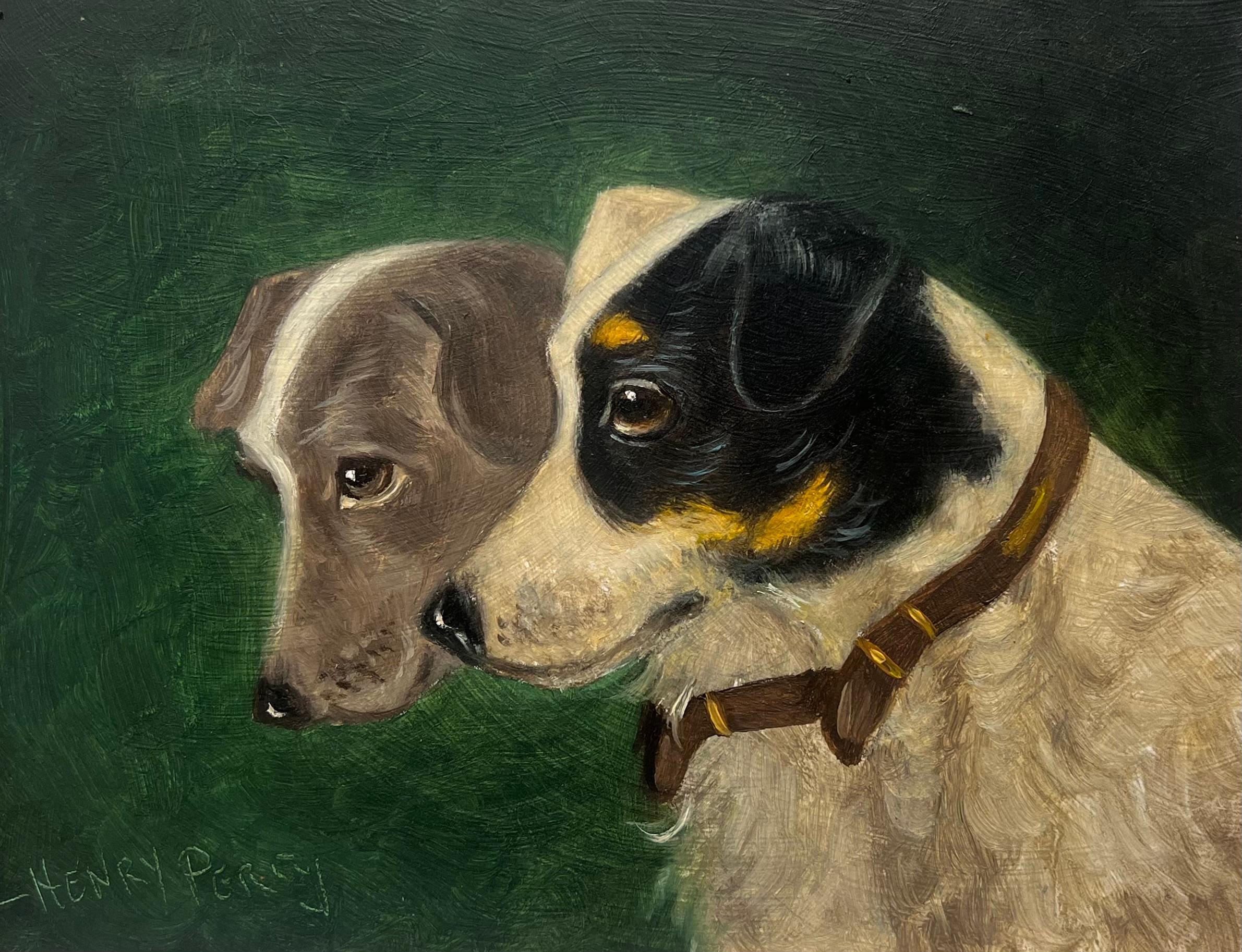 Vintage English Dog Oil Painting Head Portraits of Two Terriers Jack Russels - Black Portrait Painting by Henry Percy